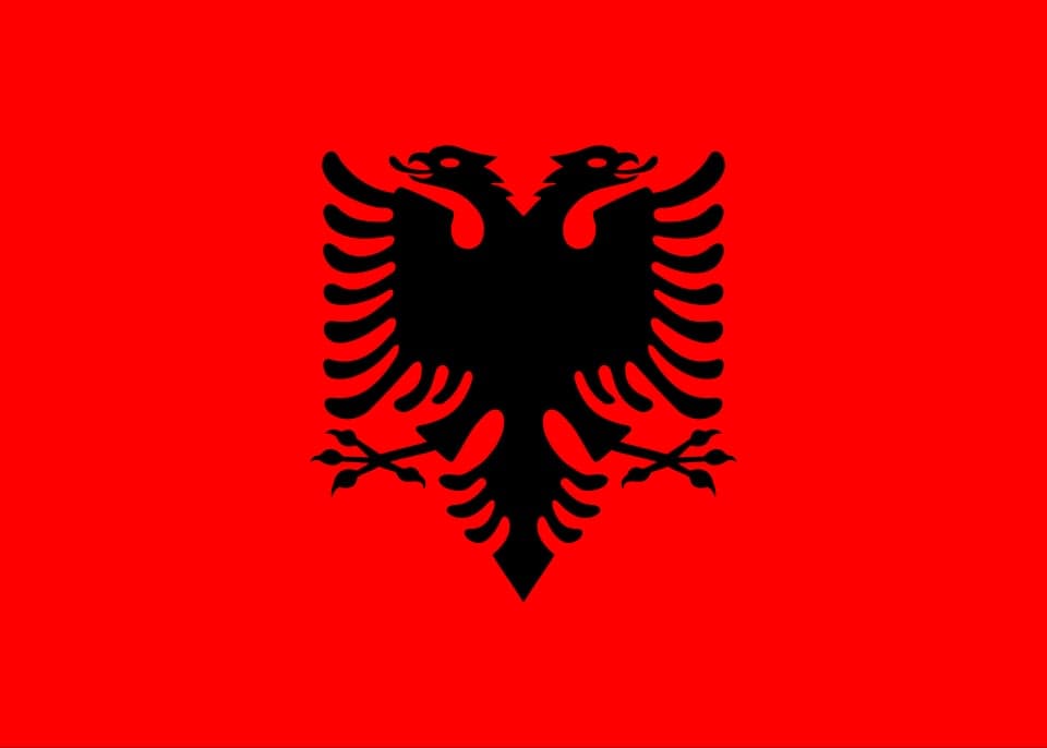 Crowds waving the Albanian red flag with double-headed eagle on Flag Day