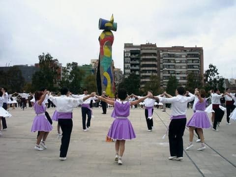 A group of dancers holding hands in a large outdoor circle performing the sardana