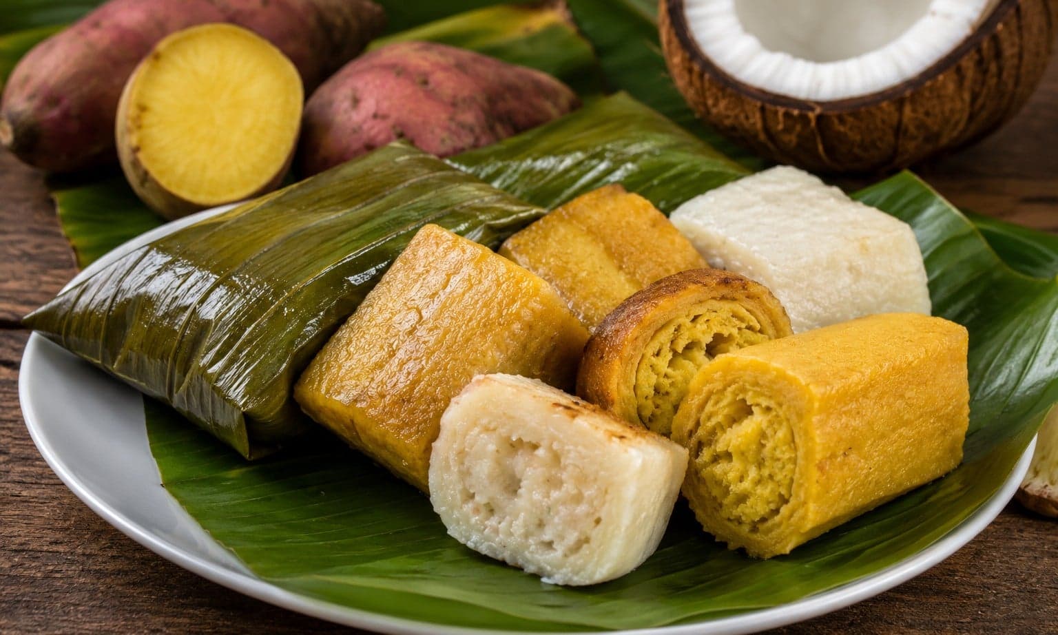 Ducana sweet potato dumplings wrapped in banana leaves