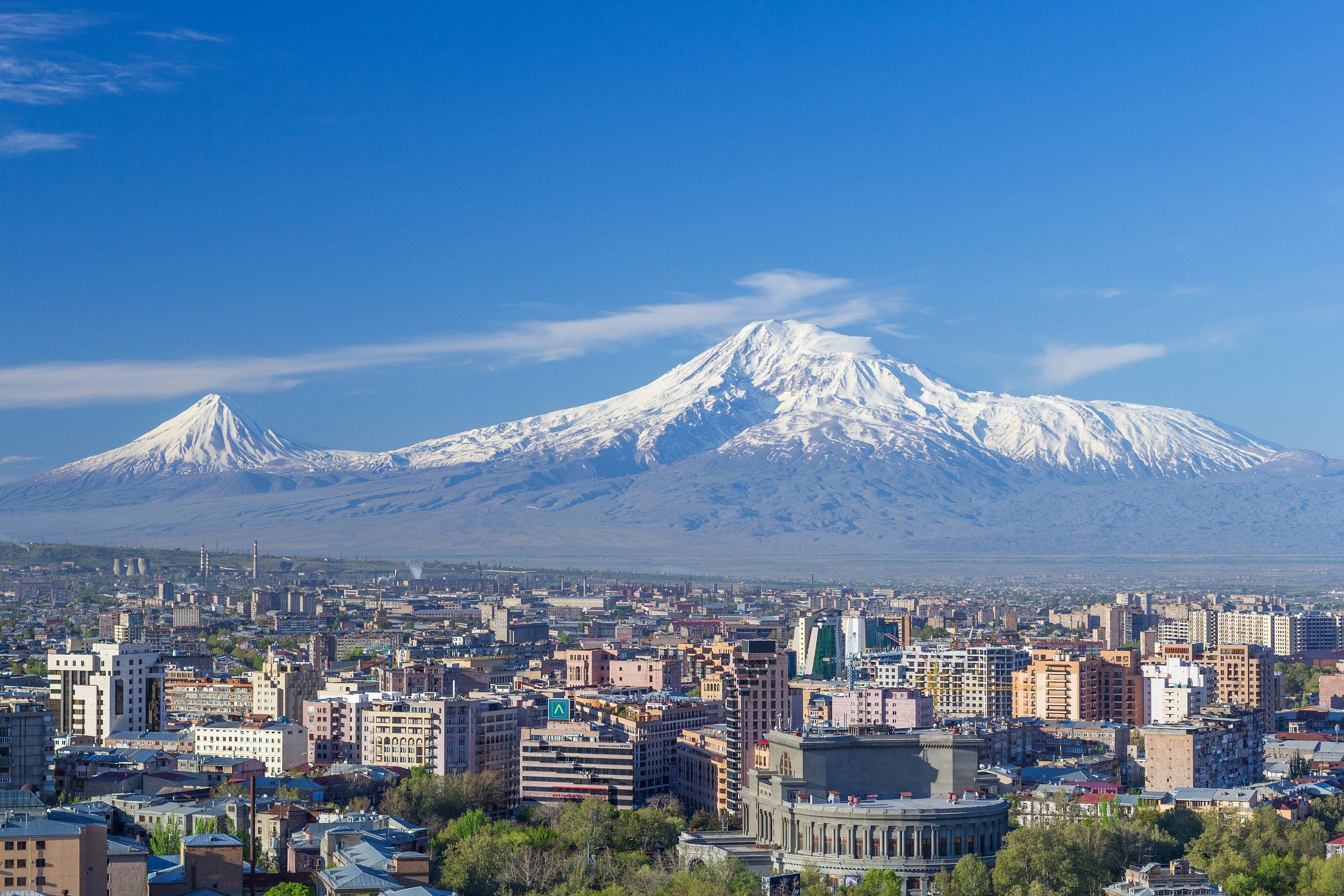 The snow-covered twin peaks of Mount Ararat seen across the plains