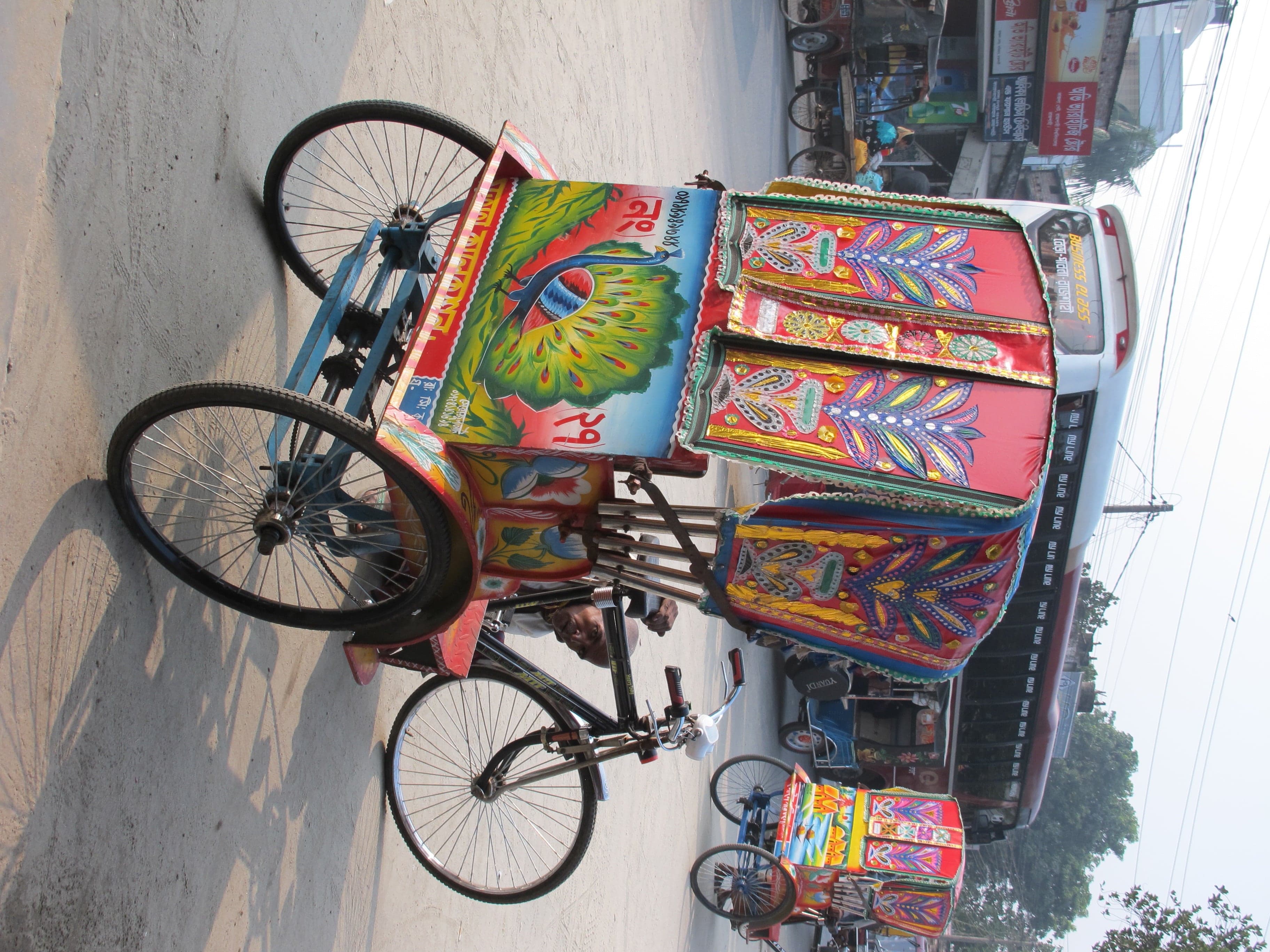A brightly painted cycle rickshaw with peacock and floral artwork on its back panel