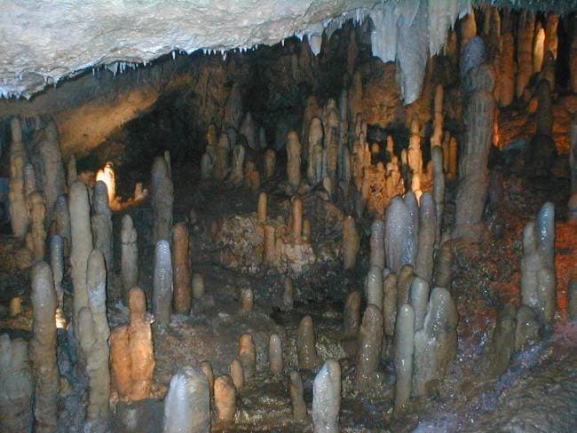 Stalactites and stalagmites inside Harrison's Cave, Barbados, lit in warm golden light