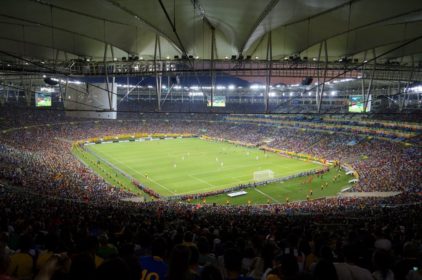 The Maracanã stadium in Rio de Janeiro lit up at night for a football match