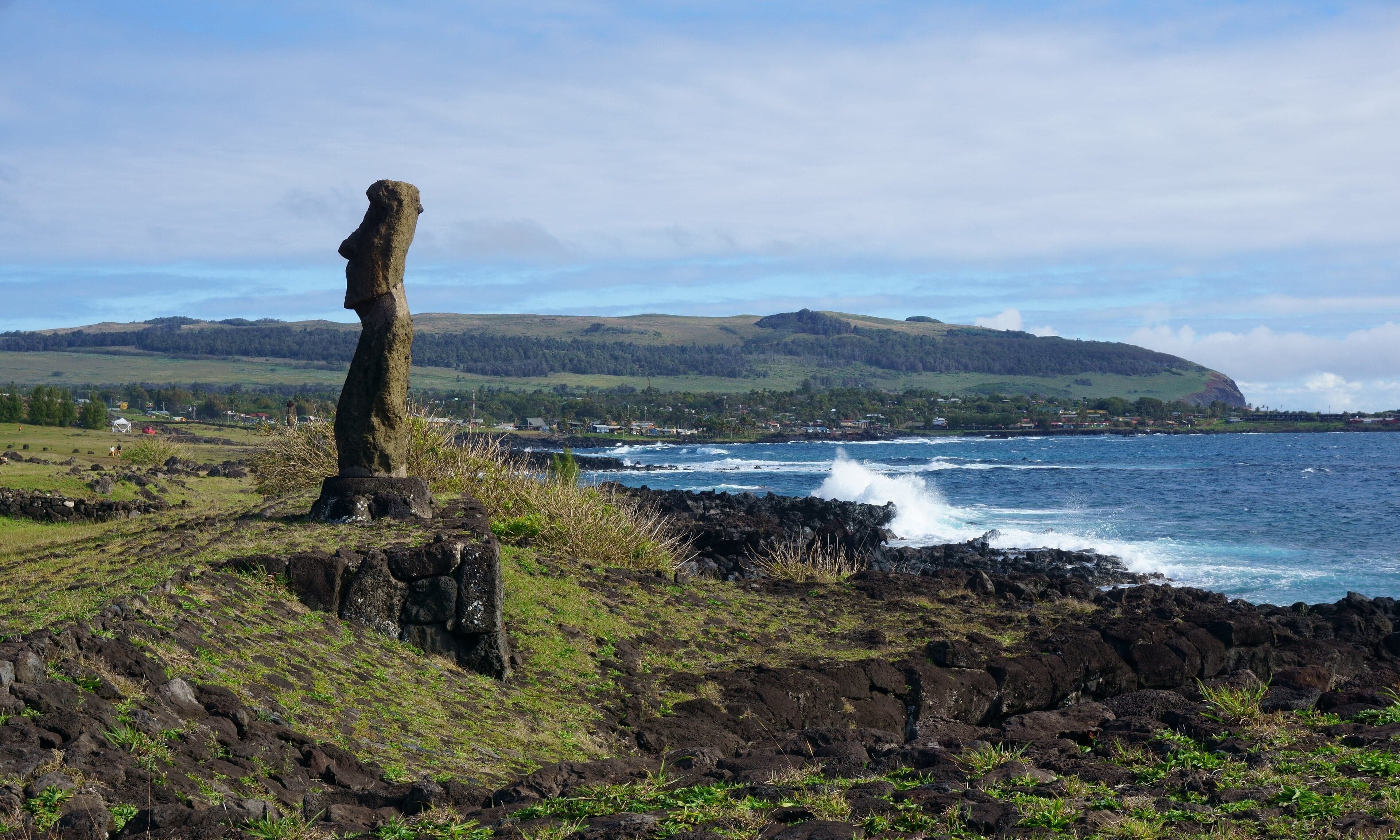 A row of moai statues standing on a grassy slope on Easter Island, facing inland