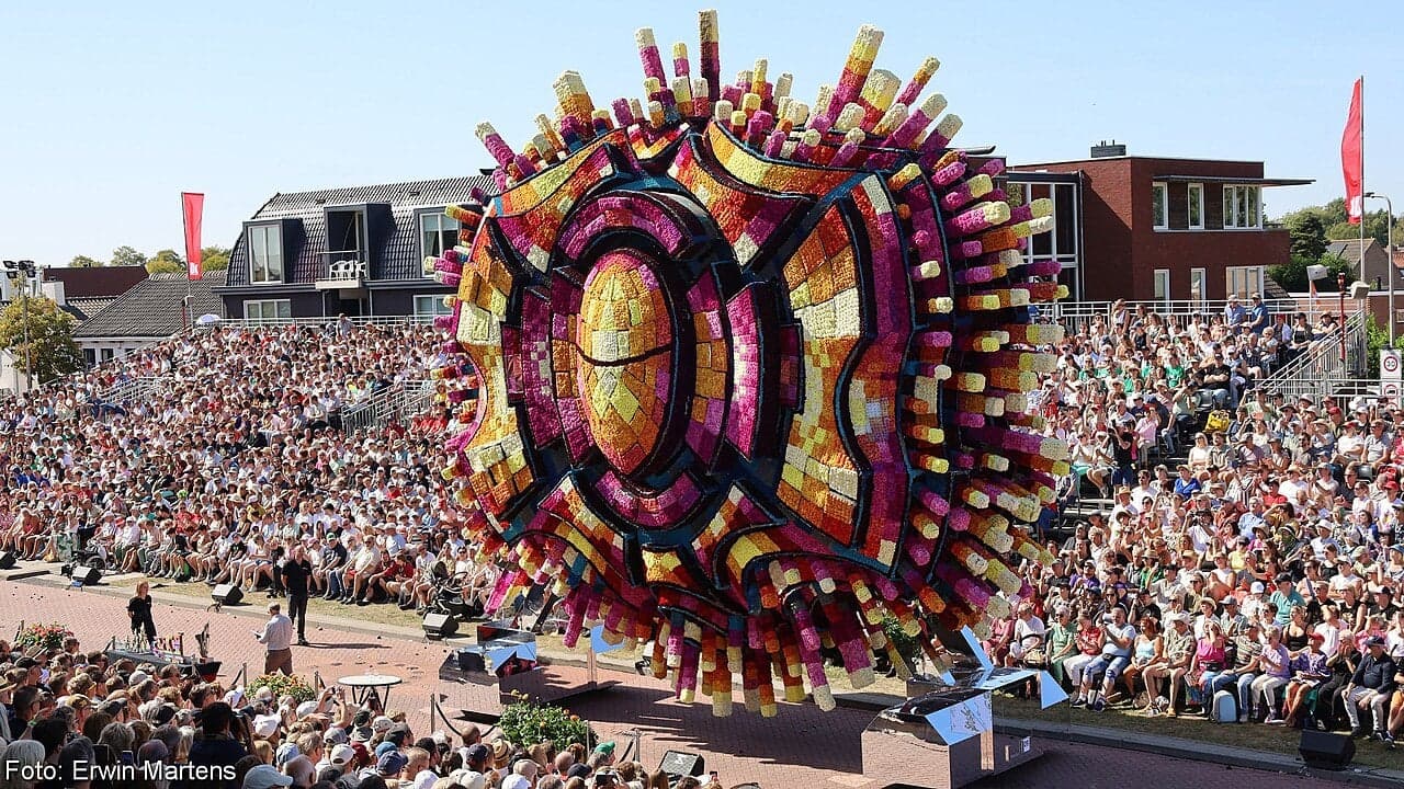 A decorated float covered in flowers at the Anthestiria festival in Cyprus