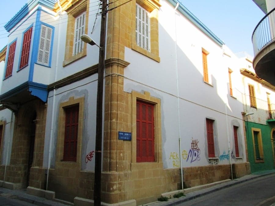 Narrow cobbled streets and old stone buildings inside the walls of Nicosia old town