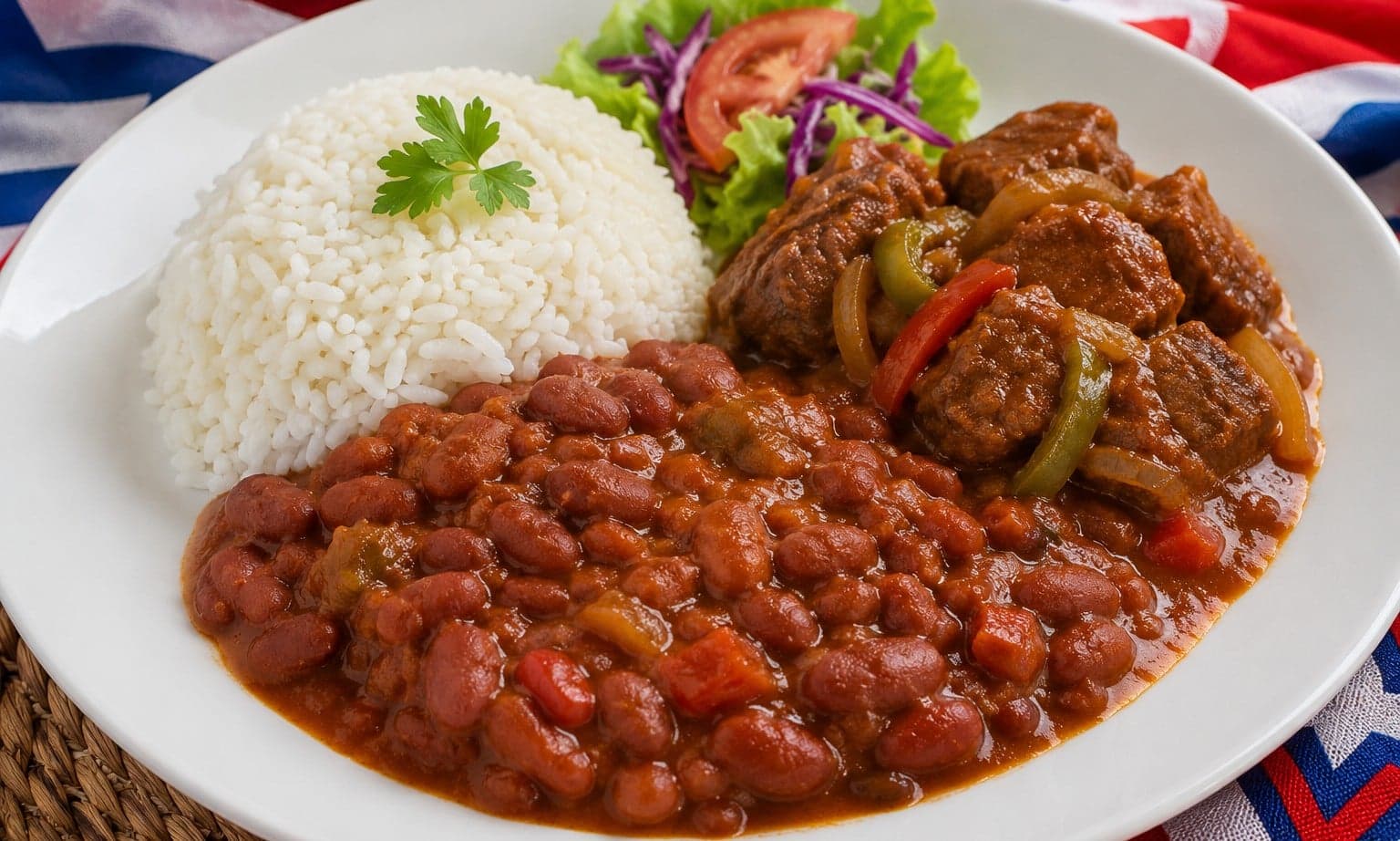 A plate of la bandera with white rice, red beans and meat arranged in three distinct sections