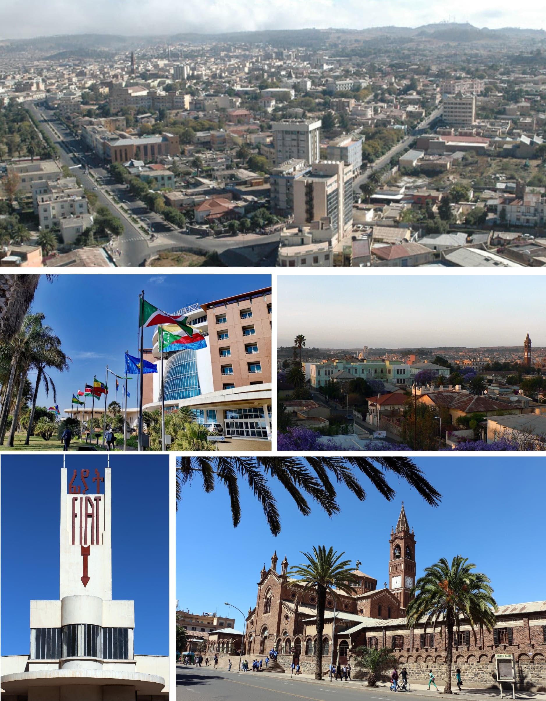 A wide avenue in Asmara lined with pastel-coloured art deco buildings under a bright blue sky