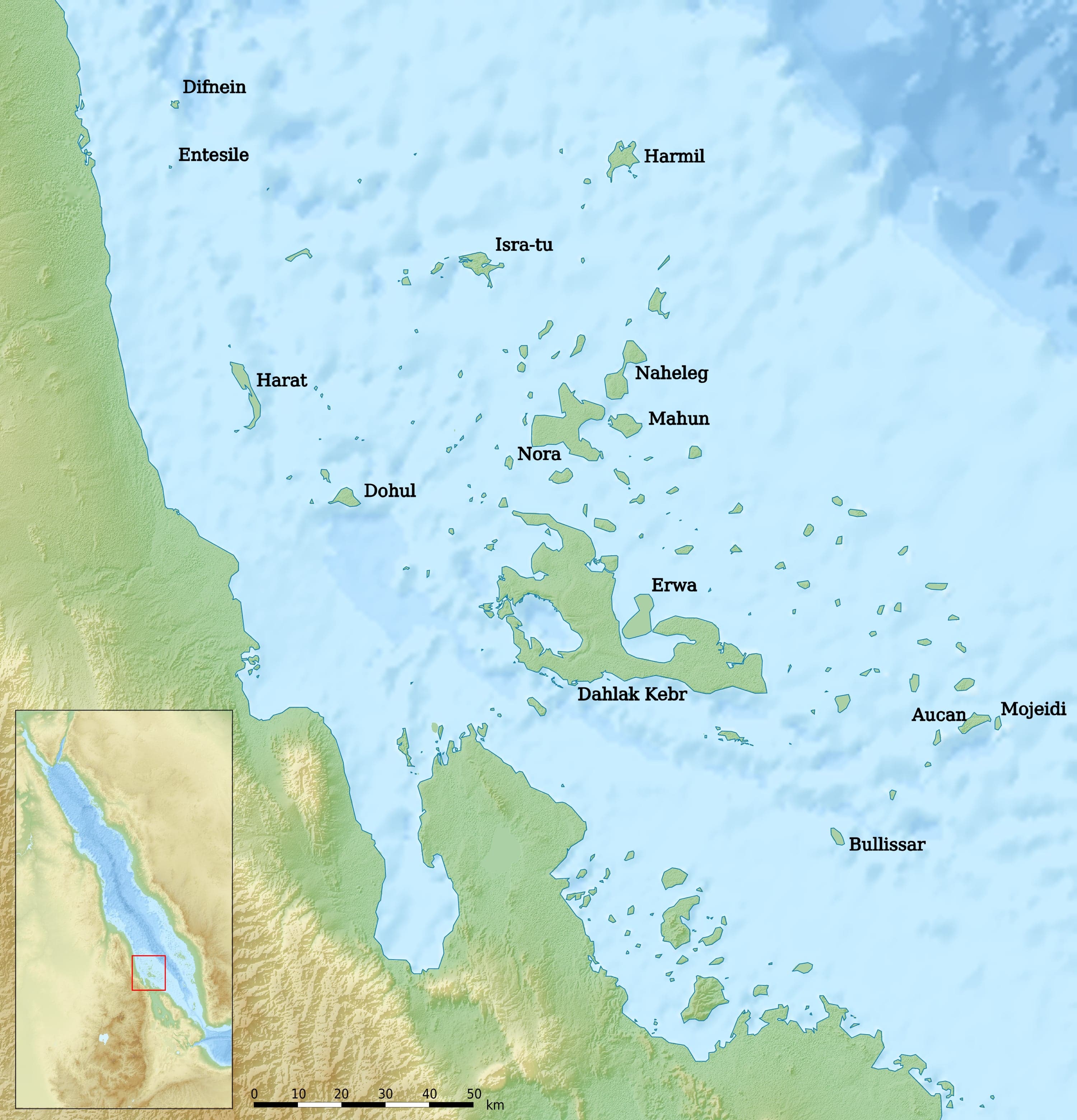 A scatter of flat sandy islands seen from above, surrounded by turquoise Red Sea water