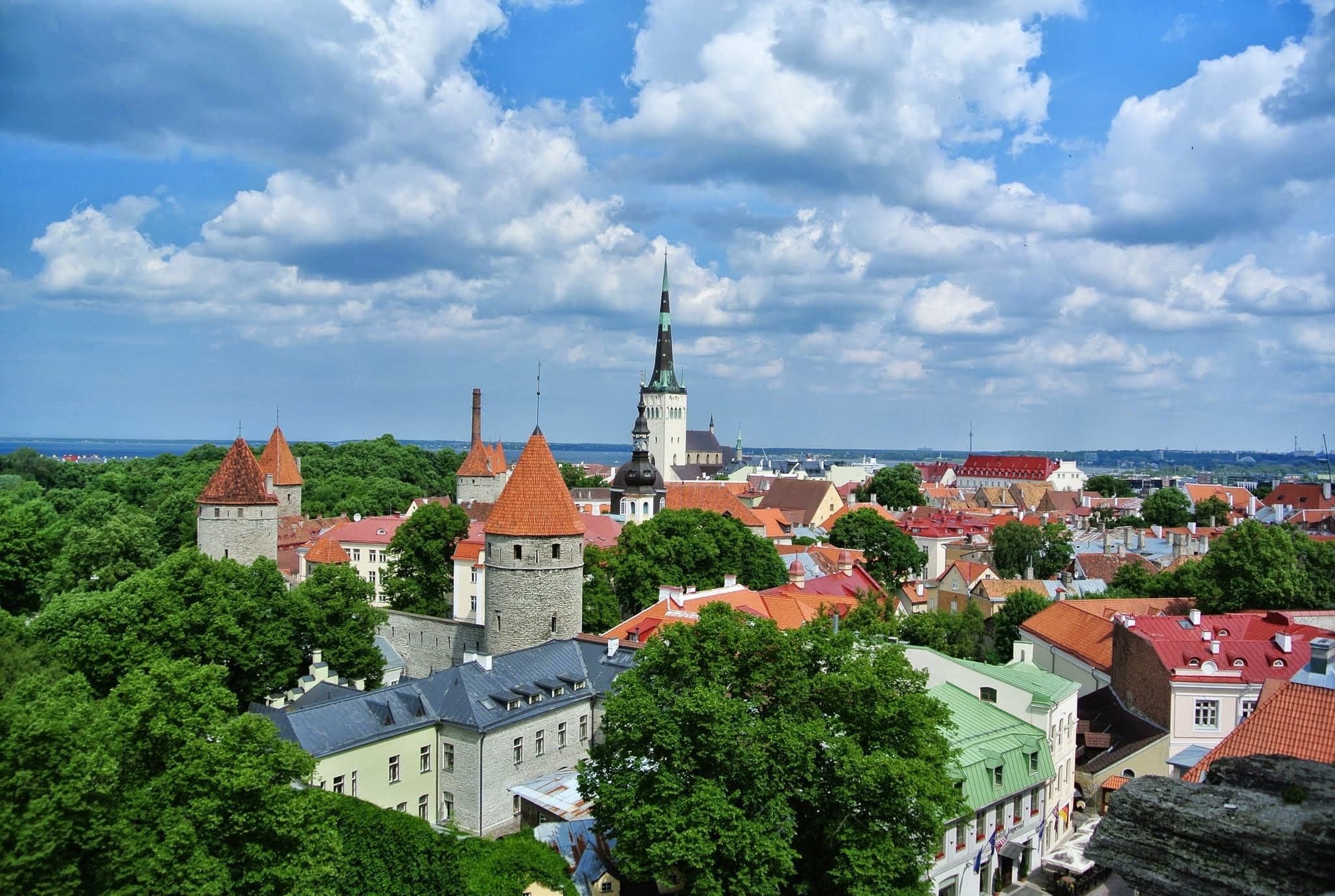 Colourful rooftops and medieval towers of Tallinn Old Town with the sea in the distance