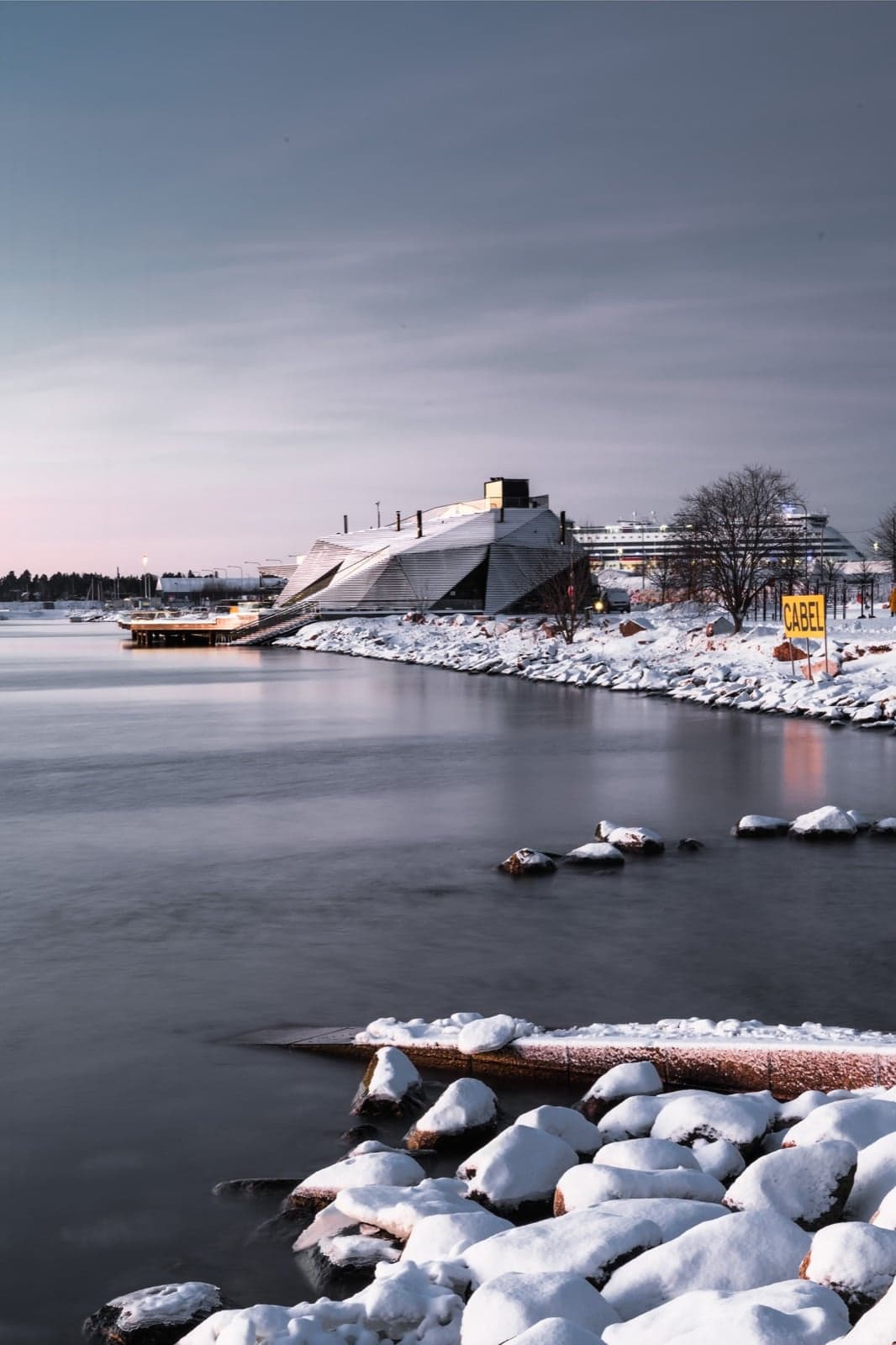 Löyly, a modern wooden sauna by the Helsinki seafront in winter