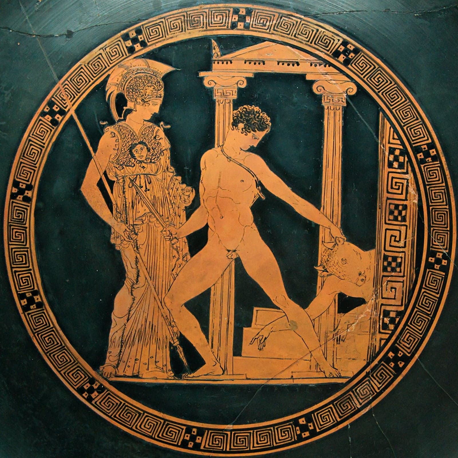 An ancient Greek vase painting showing a mythological scene