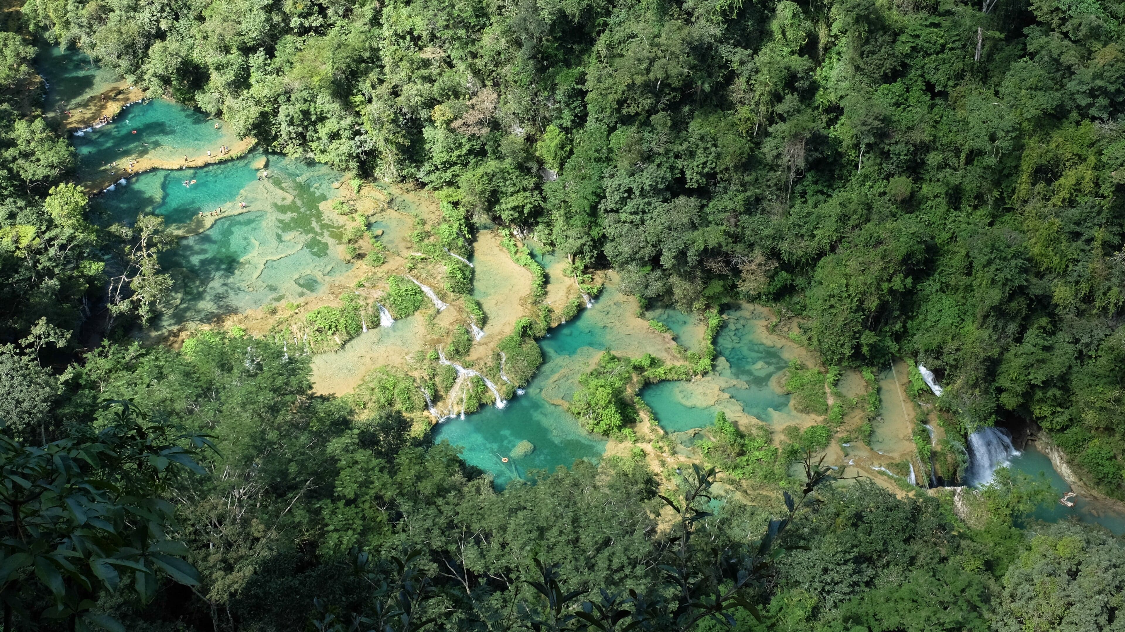 Bright turquoise limestone pools at Semuc Champey surrounded by green jungle