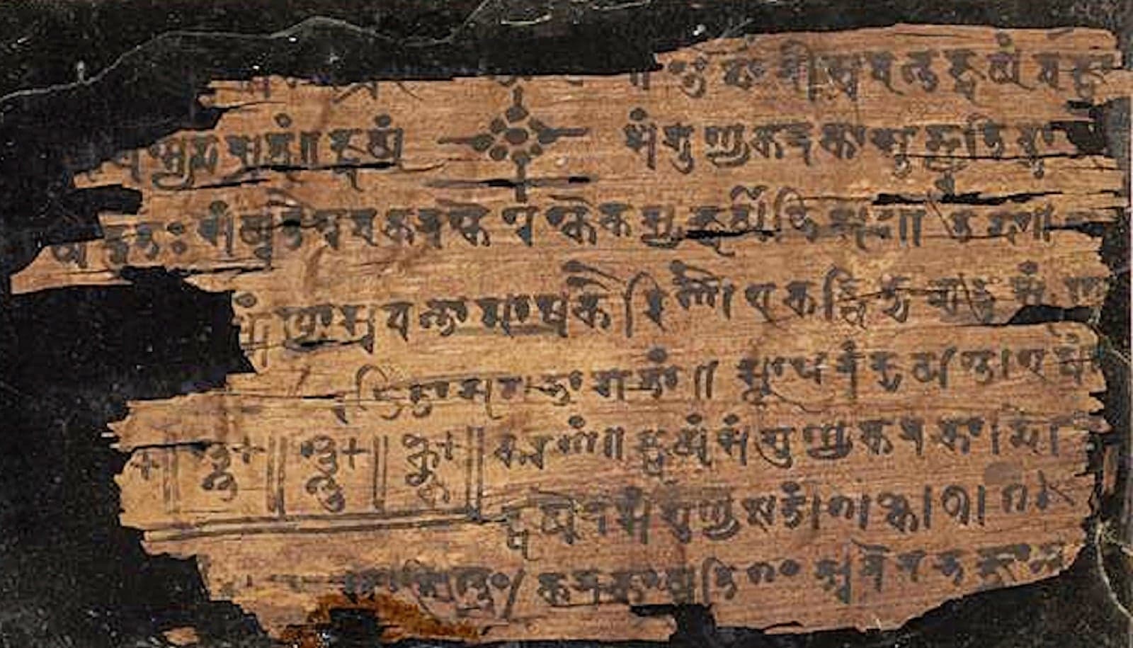 An ancient page from the Bakhshali manuscript showing early Indian writing and numerals
