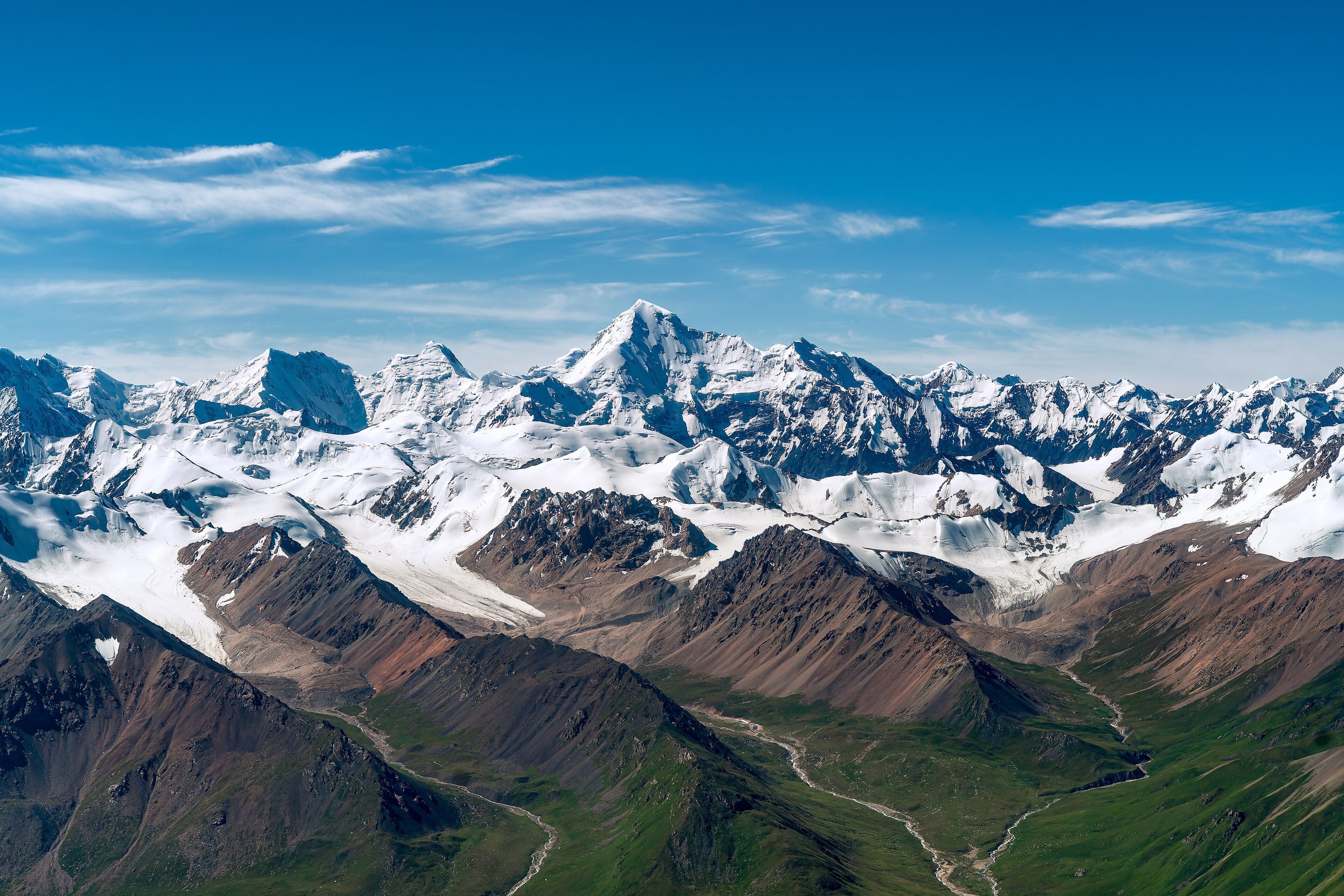 Snow-capped Tien Shan peaks rising above green alpine valleys