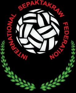A player performing a spectacular bicycle-kick overhead to hit a sepak takraw rattan ball over the net