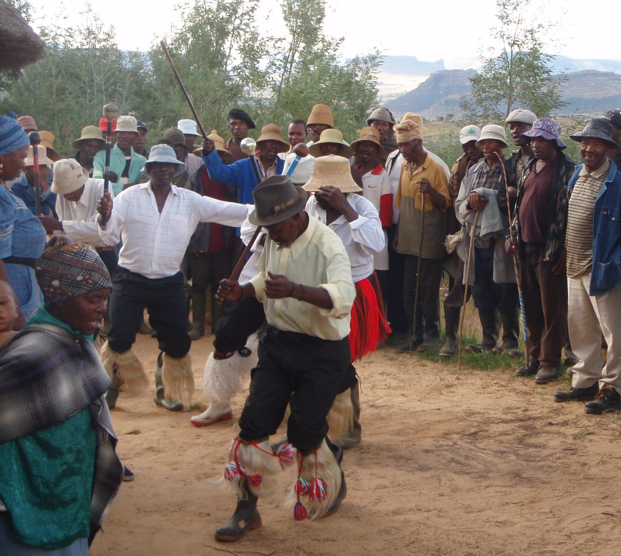 Performers in colourful traditional dress dancing at the Morija Arts and Cultural Festival