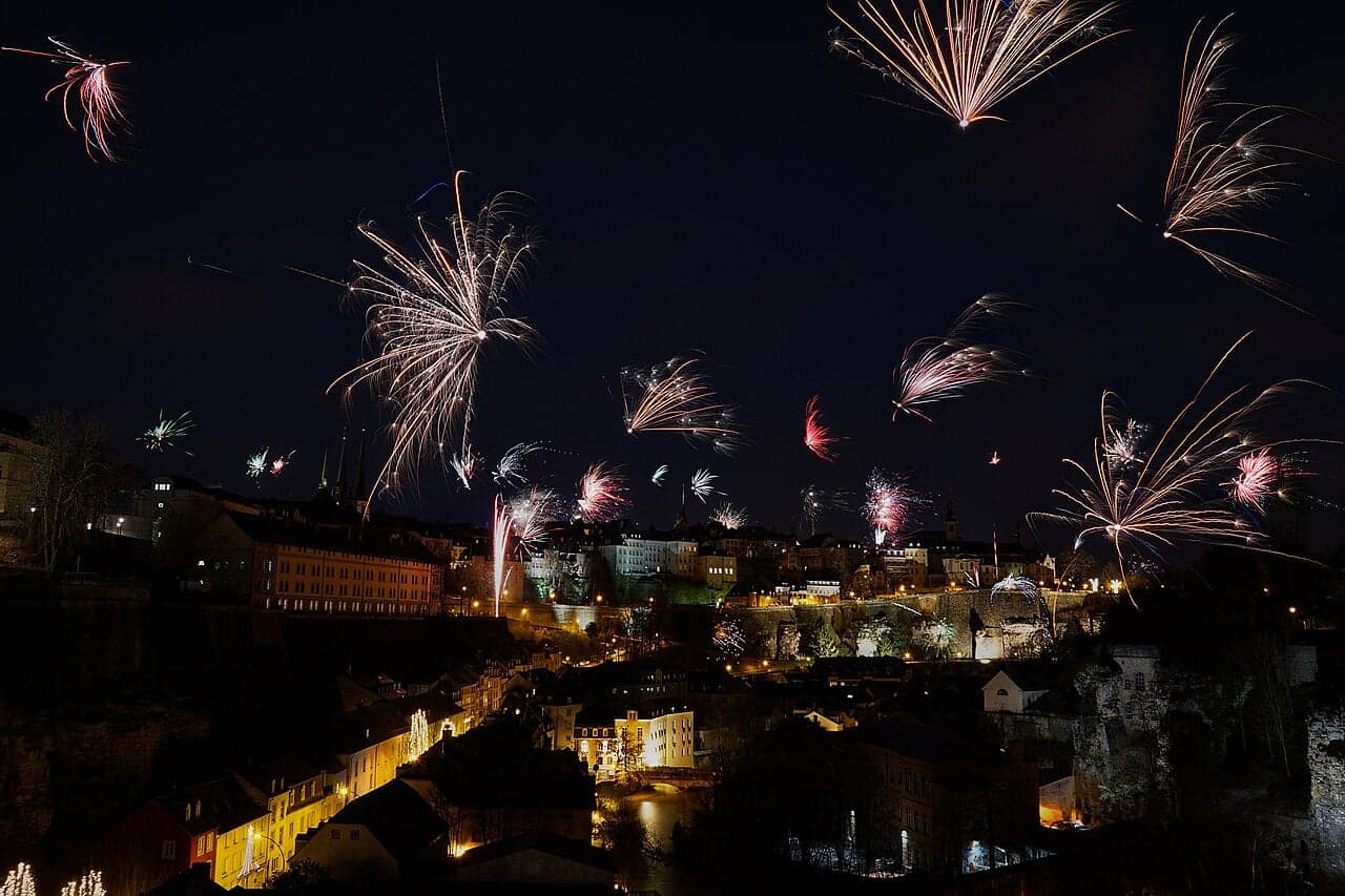 Colourful fireworks exploding over Luxembourg City on National Day