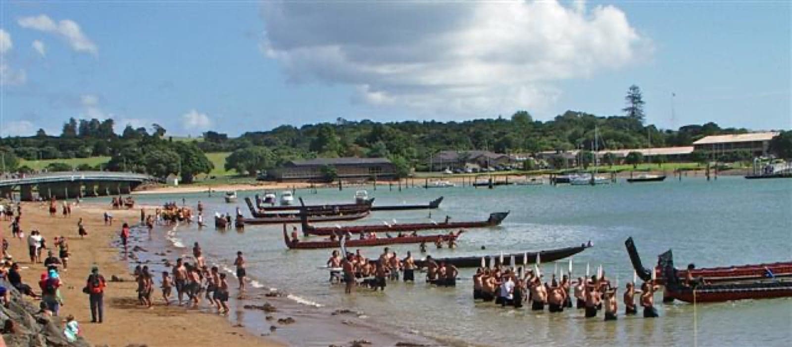 People and traditional Māori canoes (waka) on the beach at Waitangi during the national day celebrations