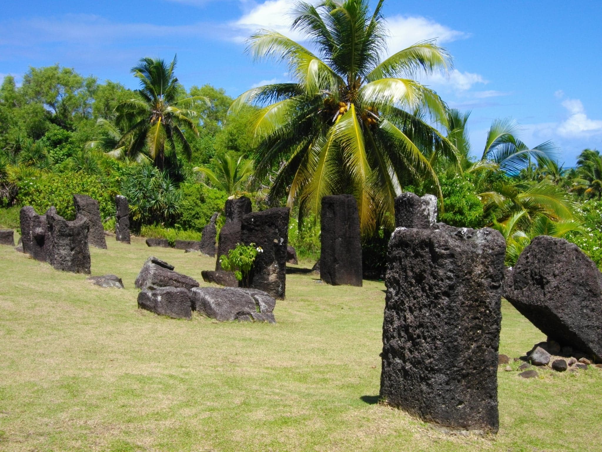 Large carved stone monoliths standing in the green jungle of Babeldaob island, Palau