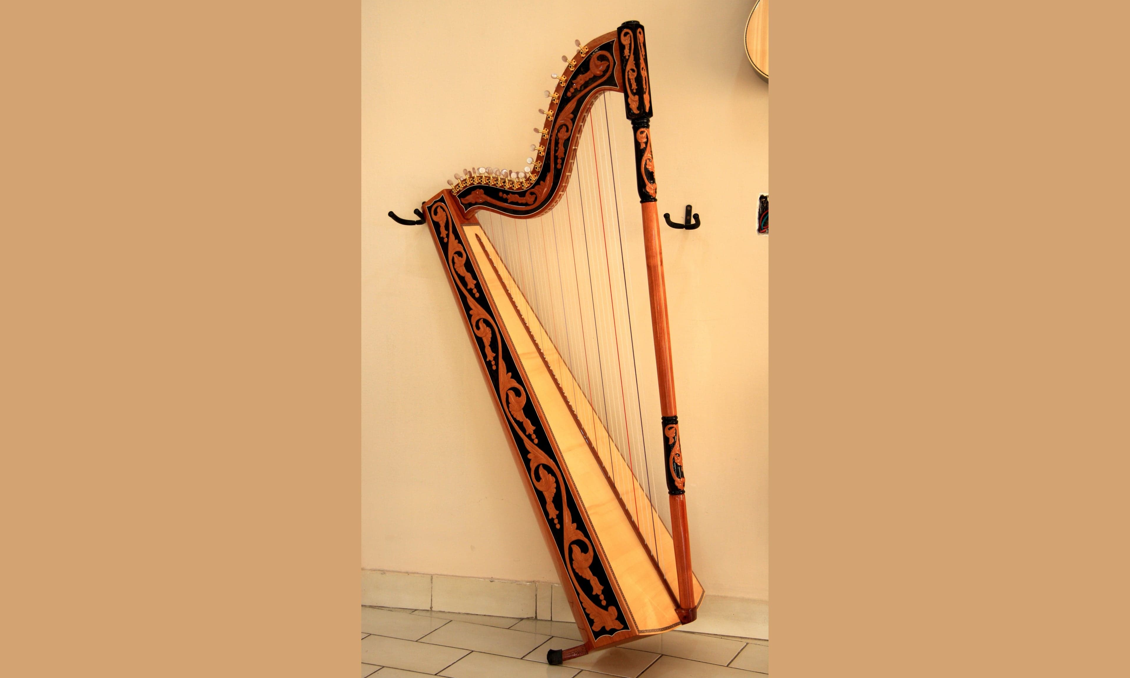 A musician playing a tall Paraguayan harp outdoors, fingers moving quickly across the strings