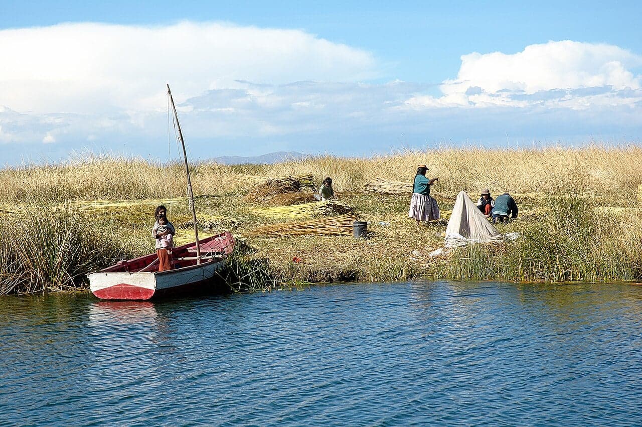 A small reed boat at the edge of a floating reed island on Lake Titicaca