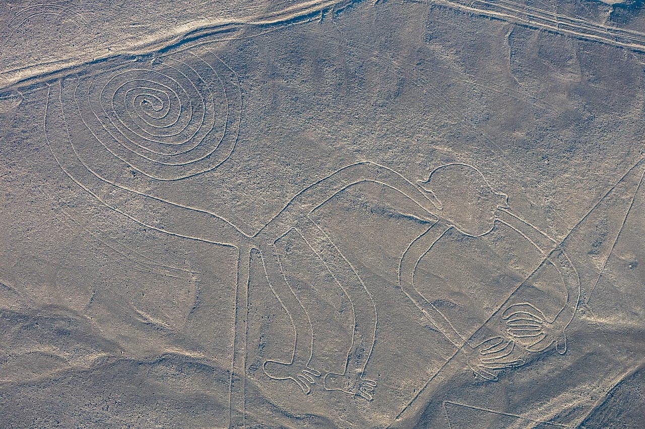 Aerial view of the Nazca Lines monkey figure drawn into the desert