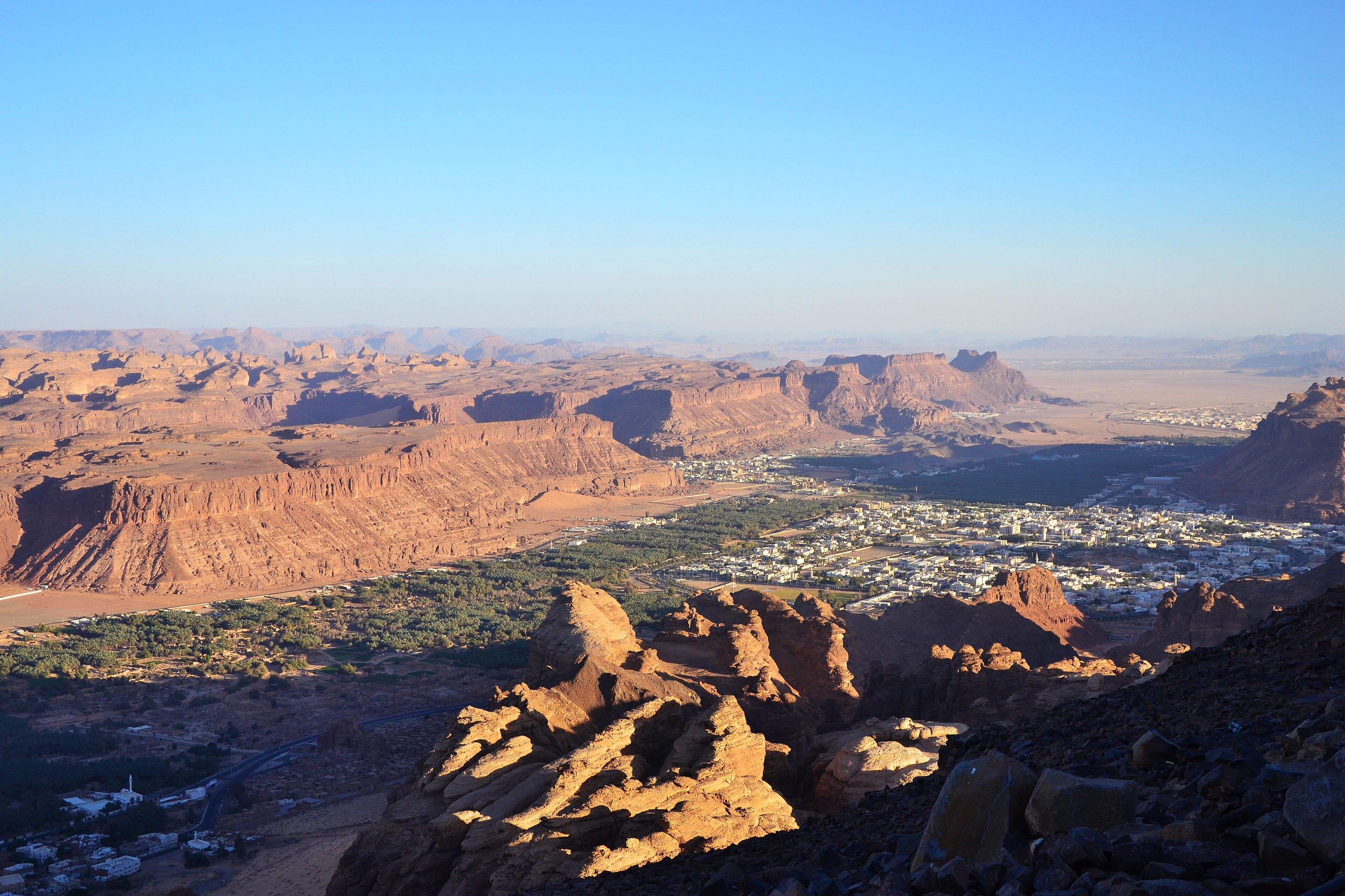 Carved sandstone tombs at Hegra in the AlUla region of Saudi Arabia