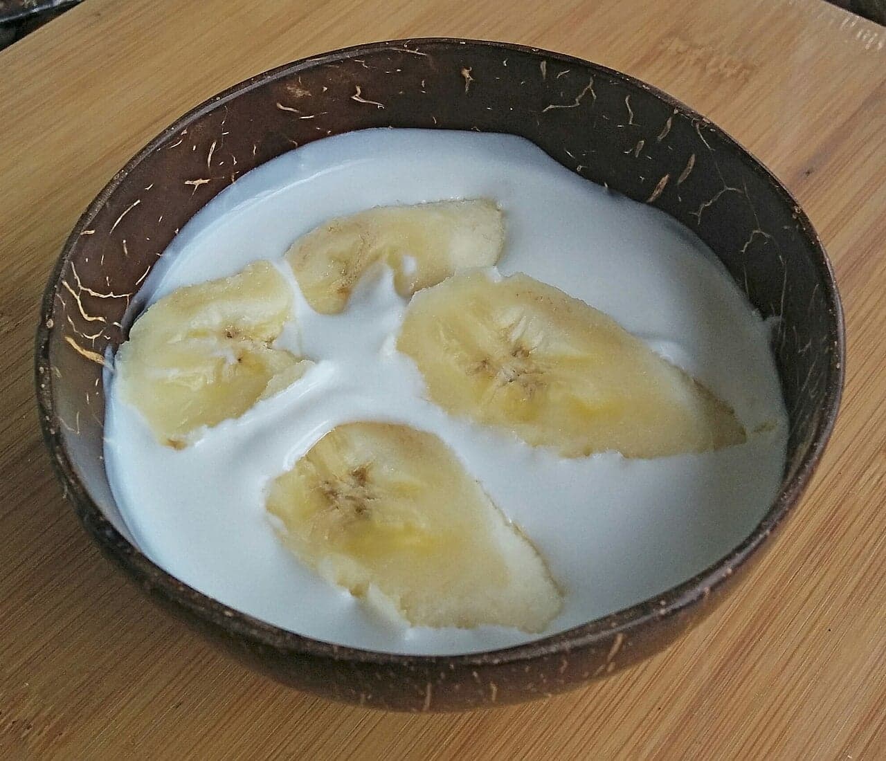 A bowl of ladob, a Seychellois pudding of banana and sweet potato in creamy coconut milk