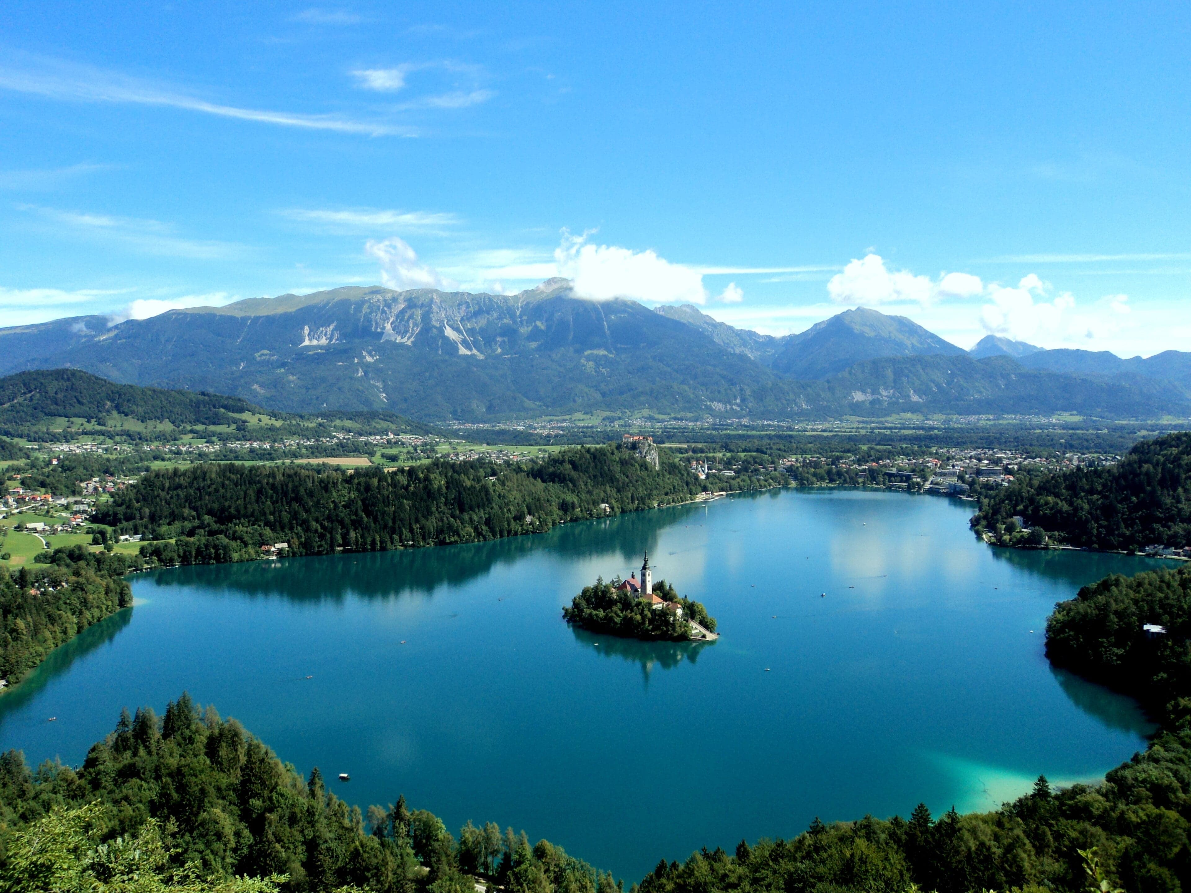 Lake Bled with the island church and a castle on the cliff above