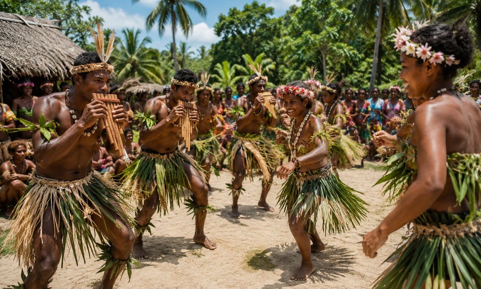 Solomon Islands dancers in traditional kastom dress performing at a community festival