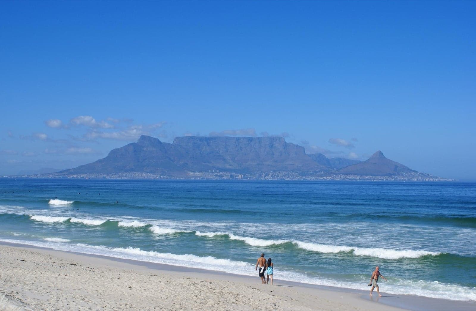 Table Mountain rising flat-topped above Cape Town, seen across the sea