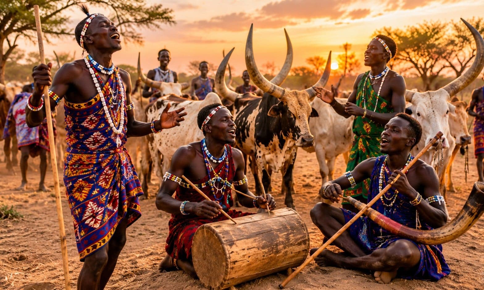 A Dinka herder with long-horned cattle at sunset beside the Nile