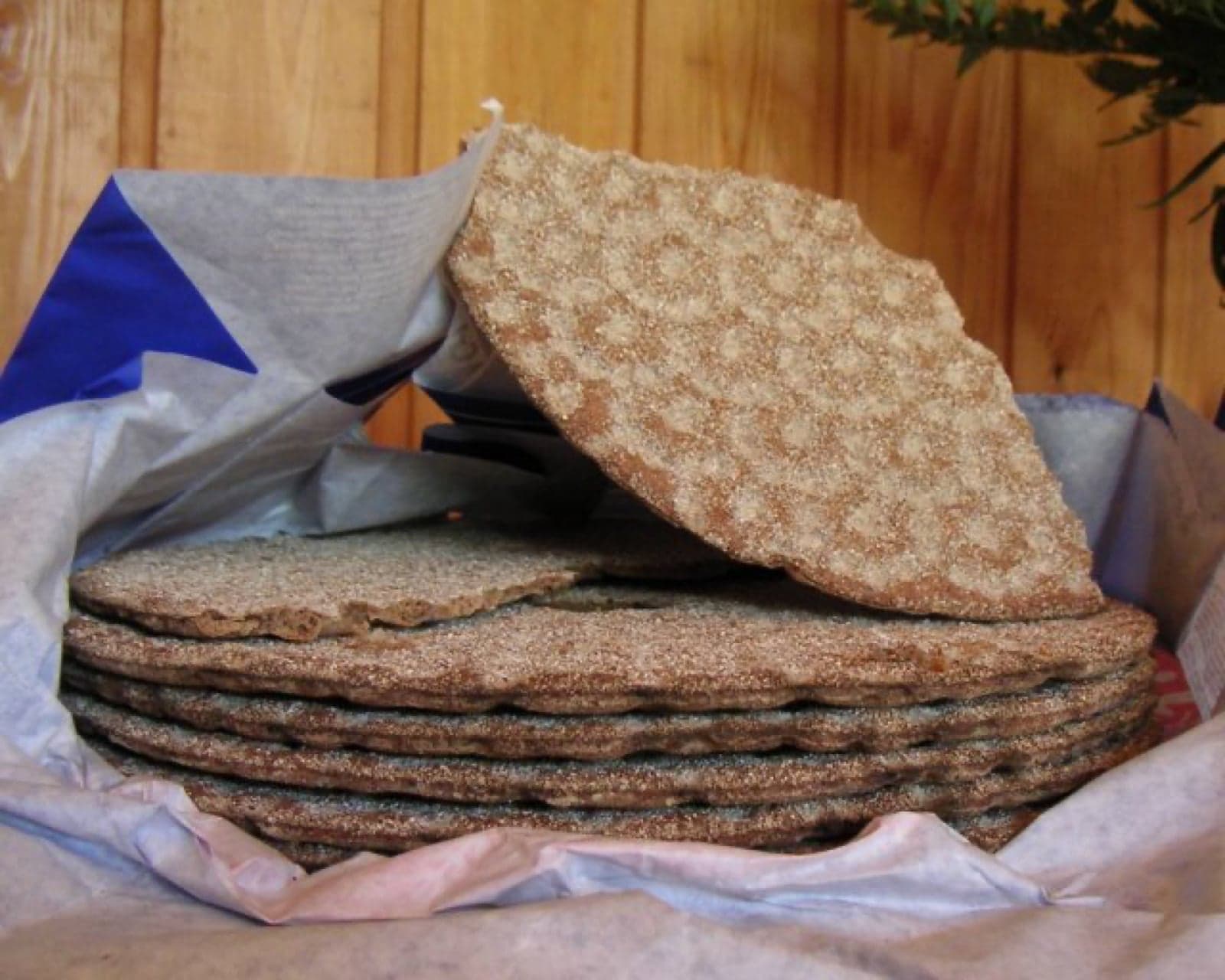 A stack of round Swedish knäckebröd, with one piece propped up to show its dimpled surface