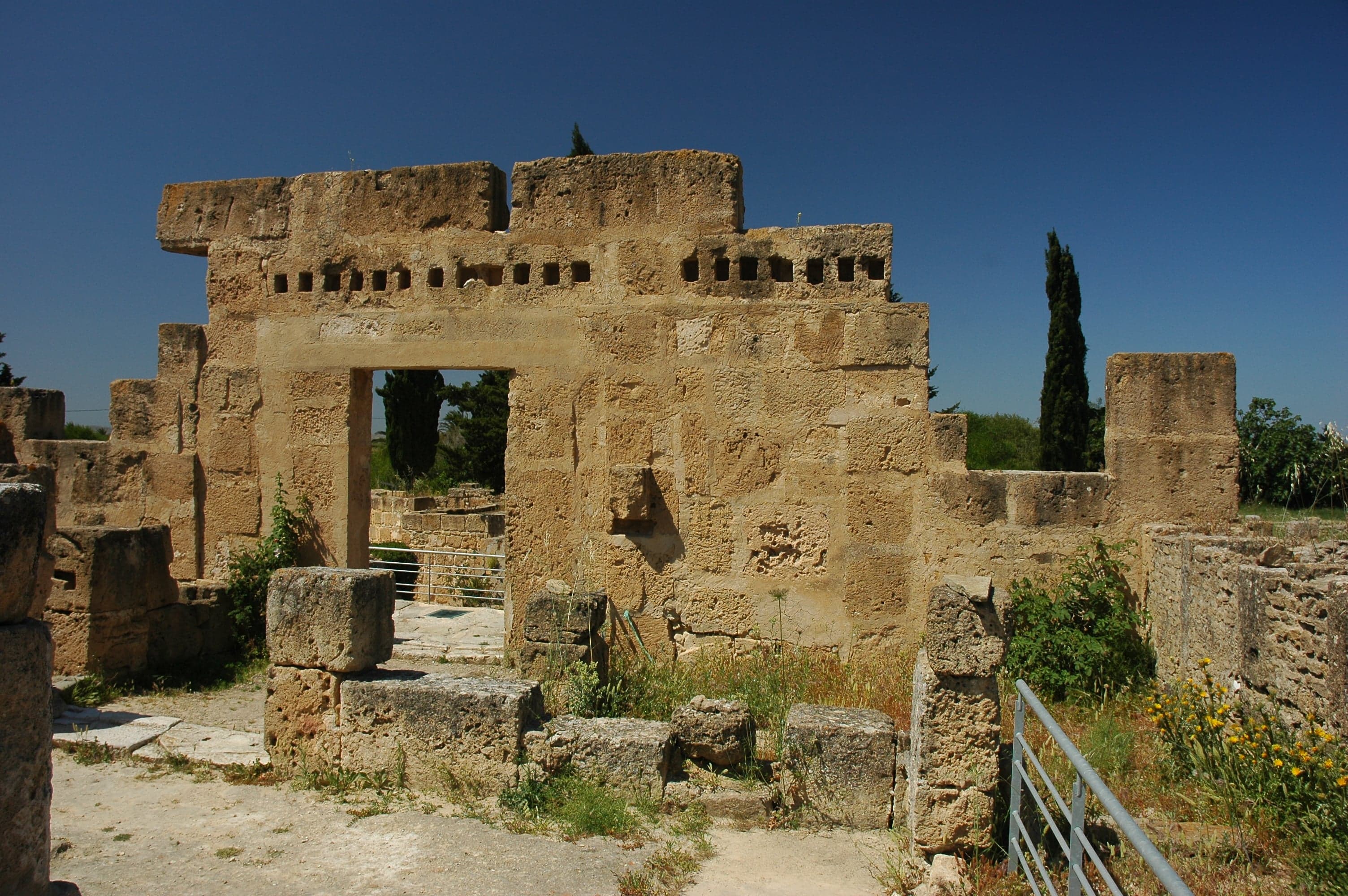 Stone columns and ruins of ancient Carthage overlooking the sea