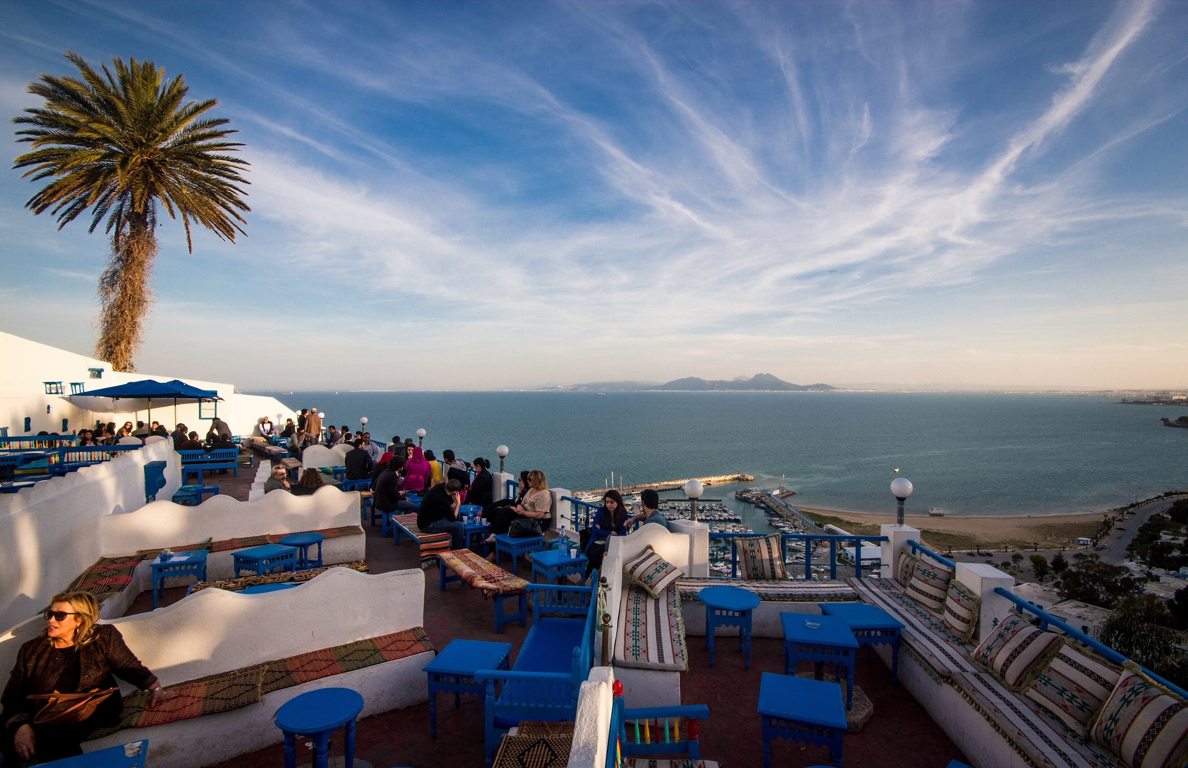 Blue-painted doorways and white walls of Sidi Bou Said overlooking the Mediterranean