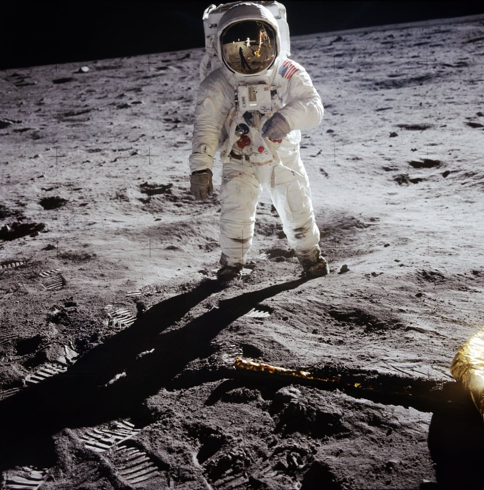 Astronaut Buzz Aldrin standing on the surface of the Moon in 1969