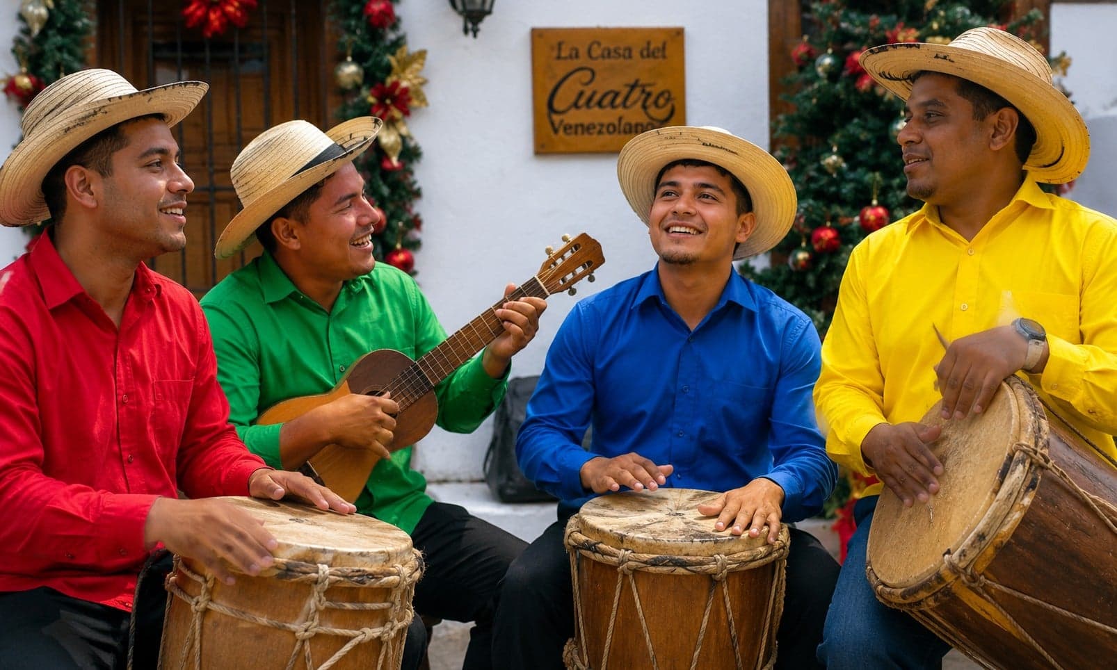 A group of Venezuelan musicians playing gaita with drums and maracas
