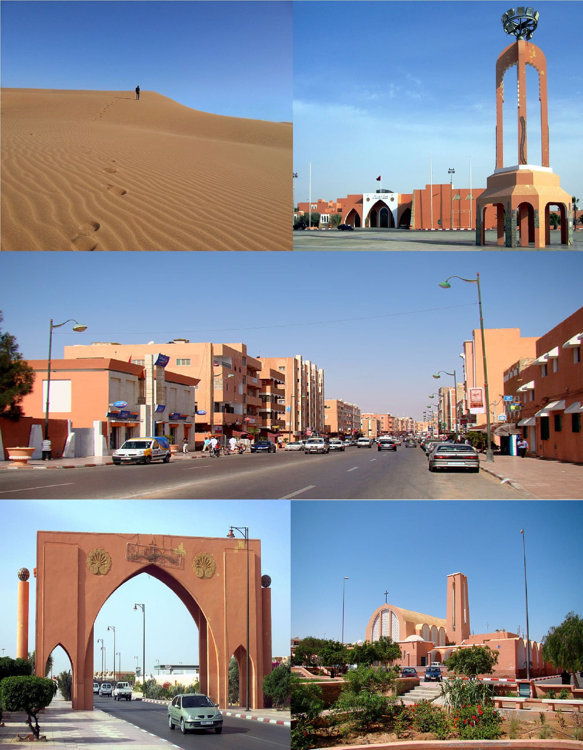 Wide boulevards and white buildings of Laayoune under a bright desert sky