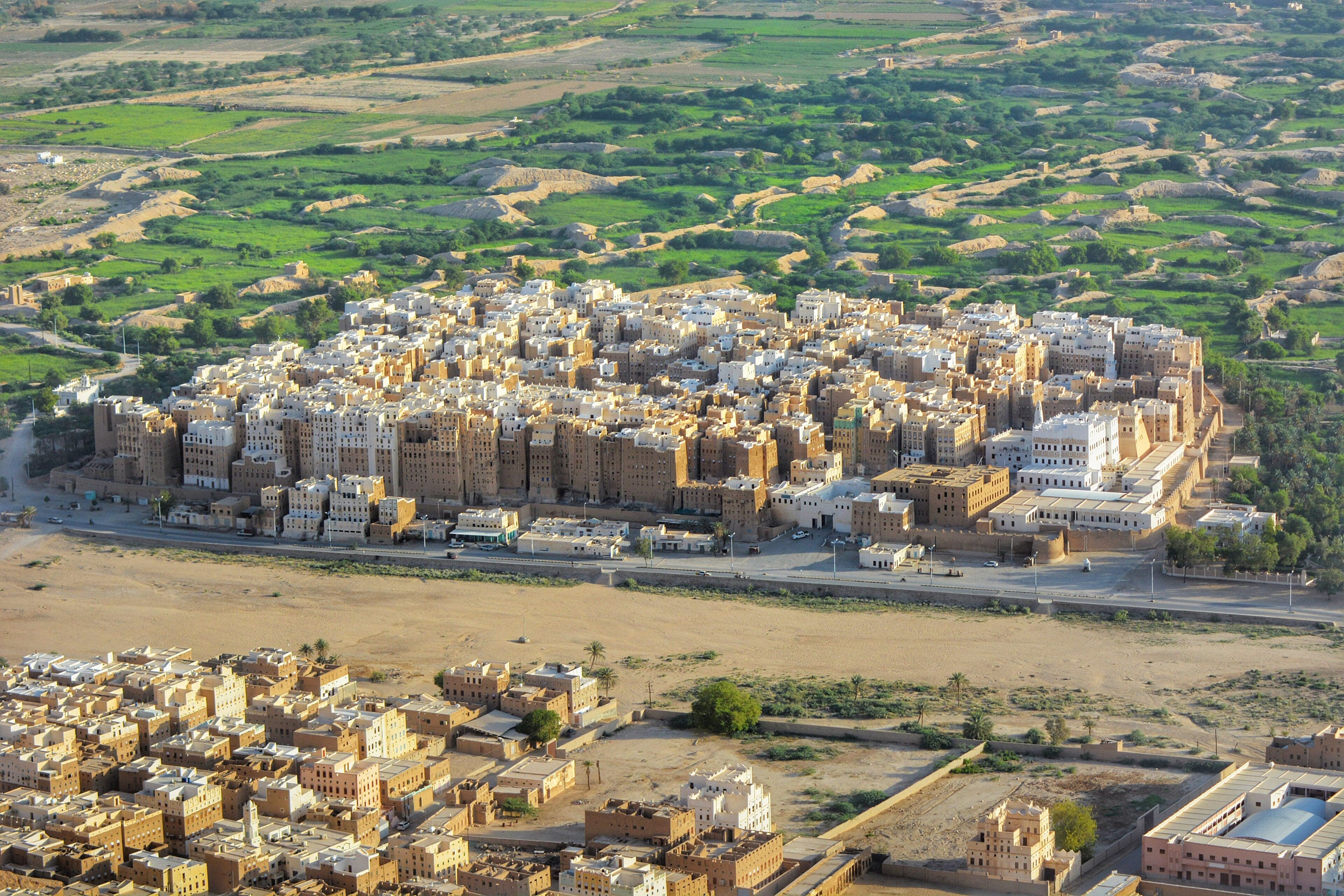 The densely packed mud-brick tower buildings of Shibam rising from the desert wadi