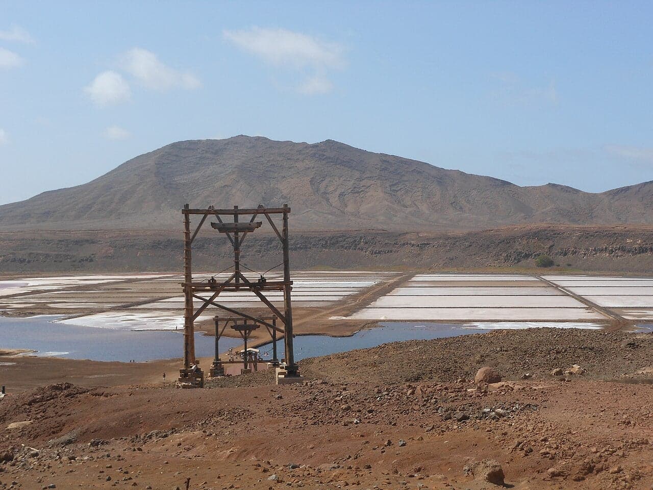 A bright pink salt lagoon on a flat island with flamingos wading at the edge