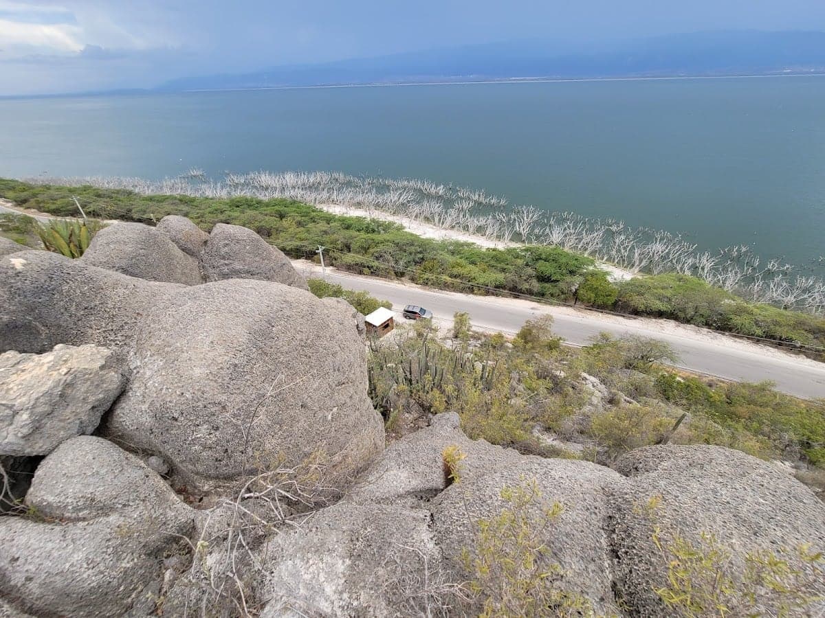 The blue expanse of Lake Enriquillo with flamingos wading at its edge