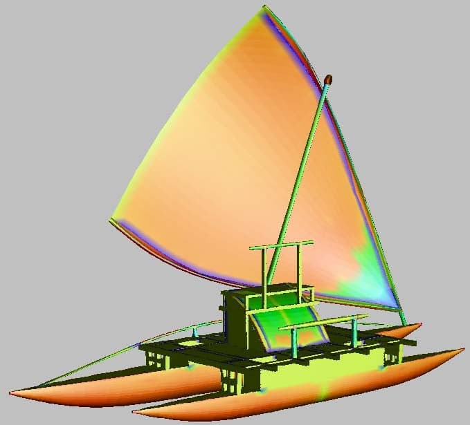 A traditional Fijian double-hulled sailing canoe (drua) on the ocean with sails up