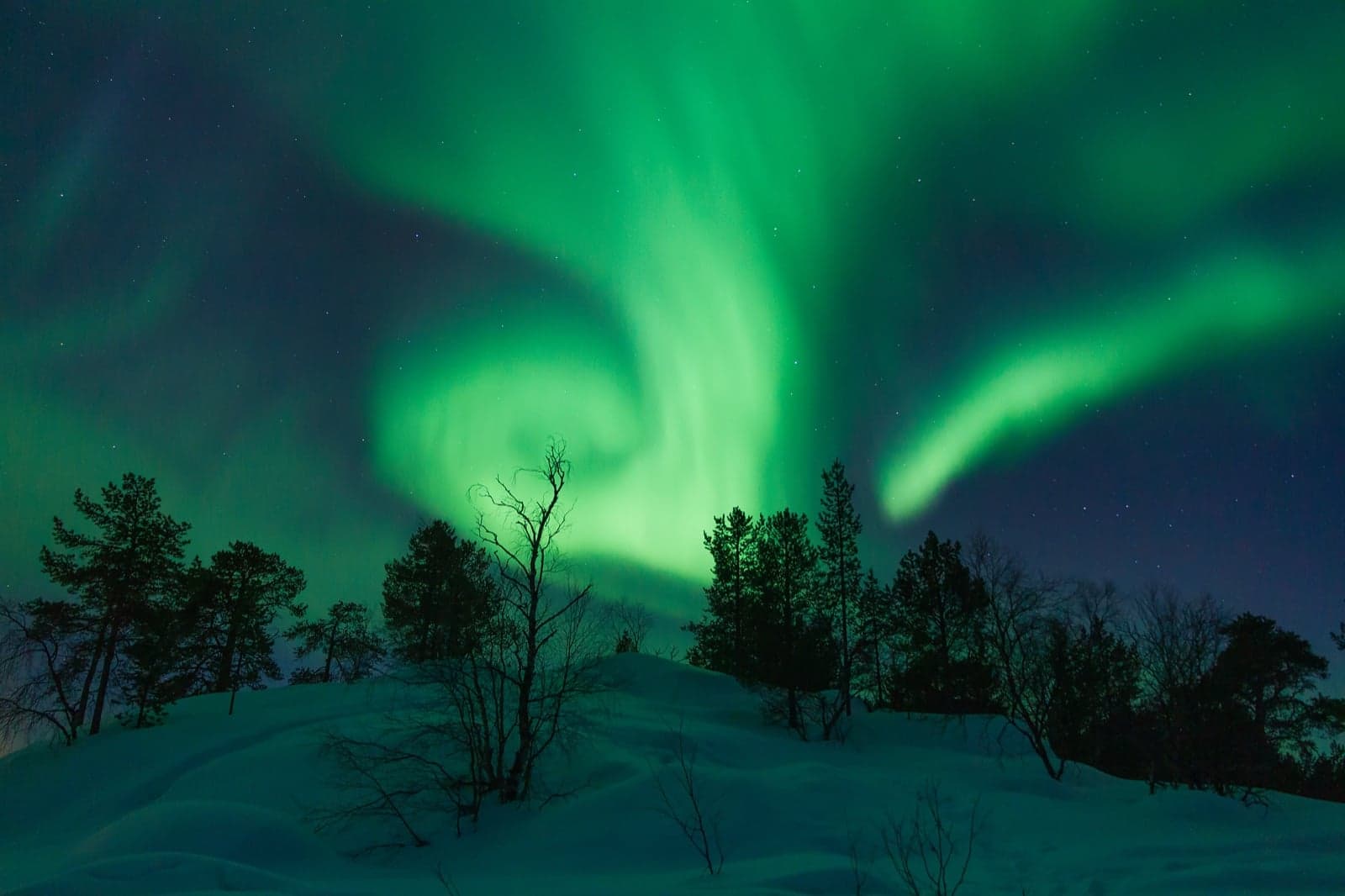 Bright green swirls of the aurora borealis dancing across a starry sky over snowy Finnish Lapland
