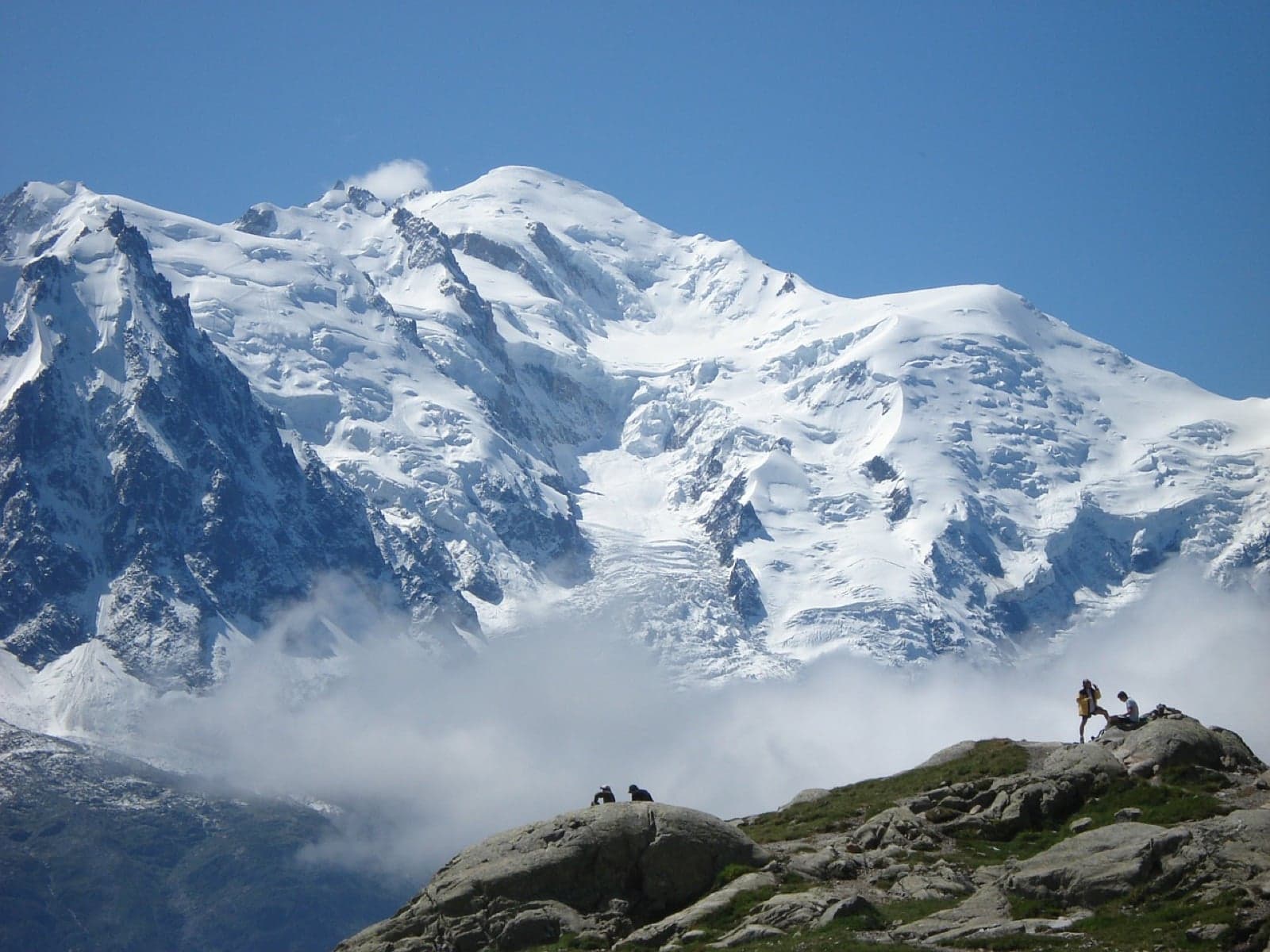 The snow-covered summit of Mont Blanc in the French Alps