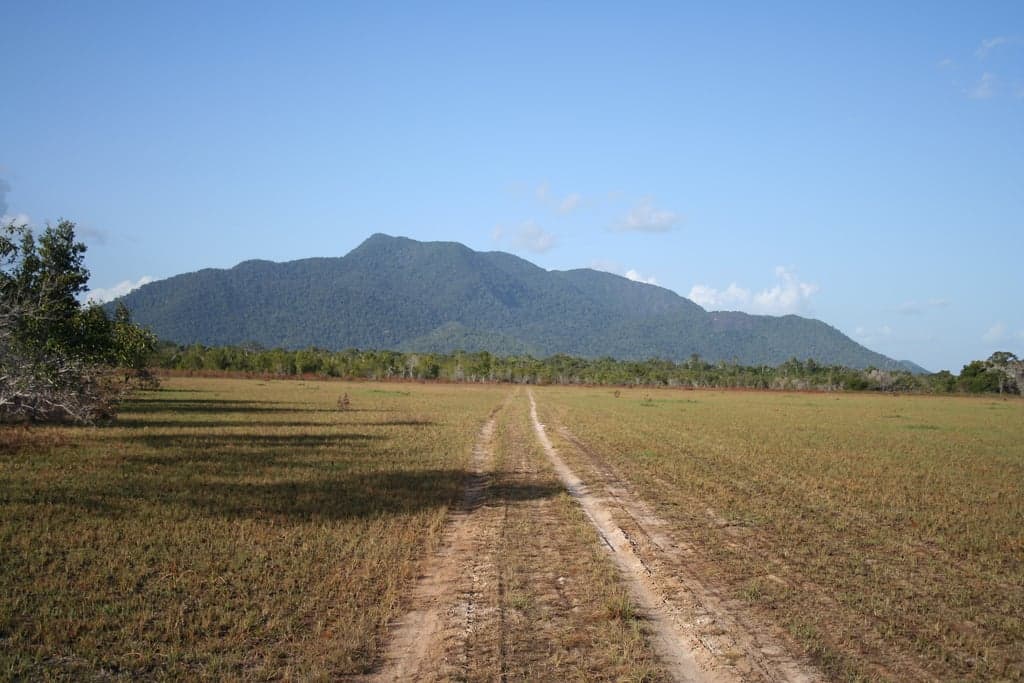 Wide open Rupununi savannah with mountains in the far distance, Guyana