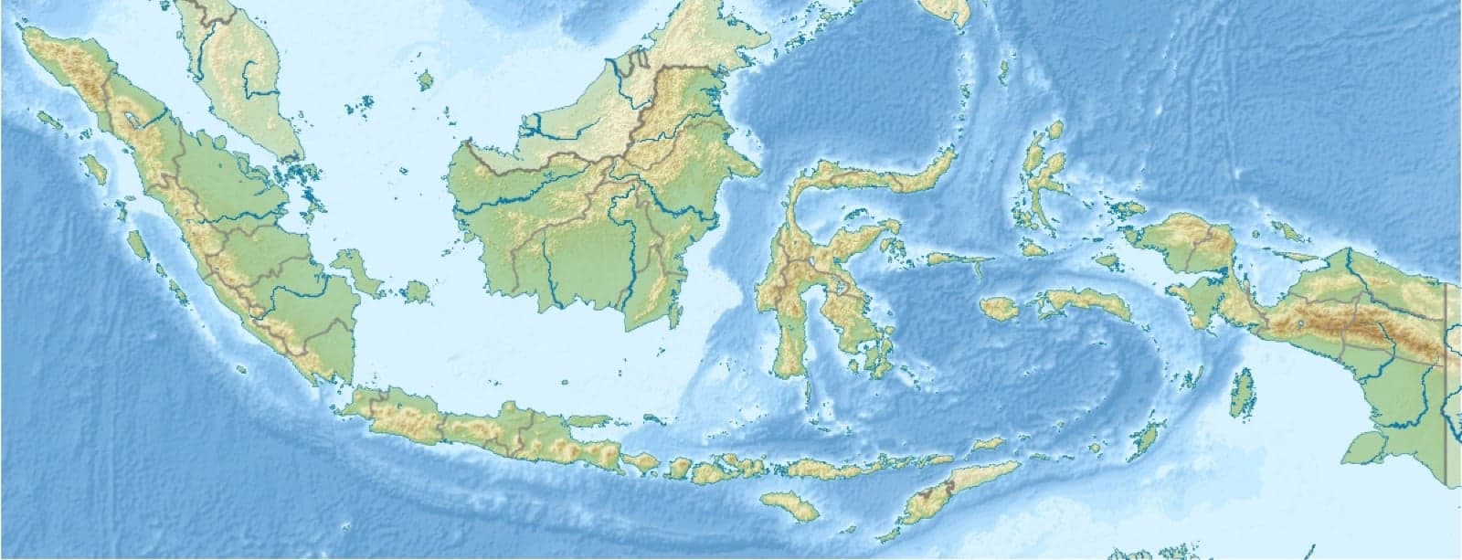 A relief map of Indonesia showing thousands of islands spread across the sea