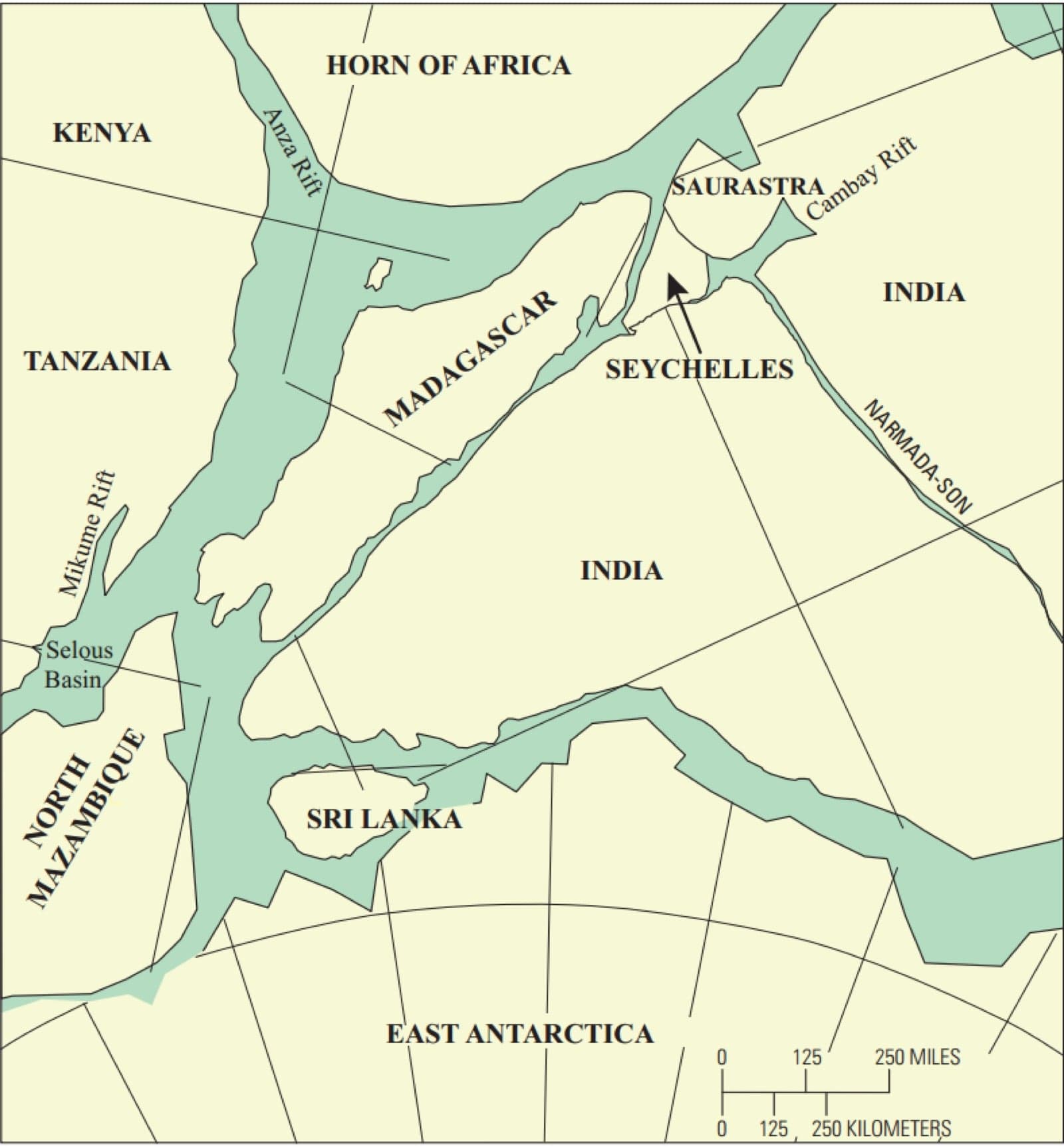 A map showing the ancient supercontinent Gondwana splitting apart in the Jurassic