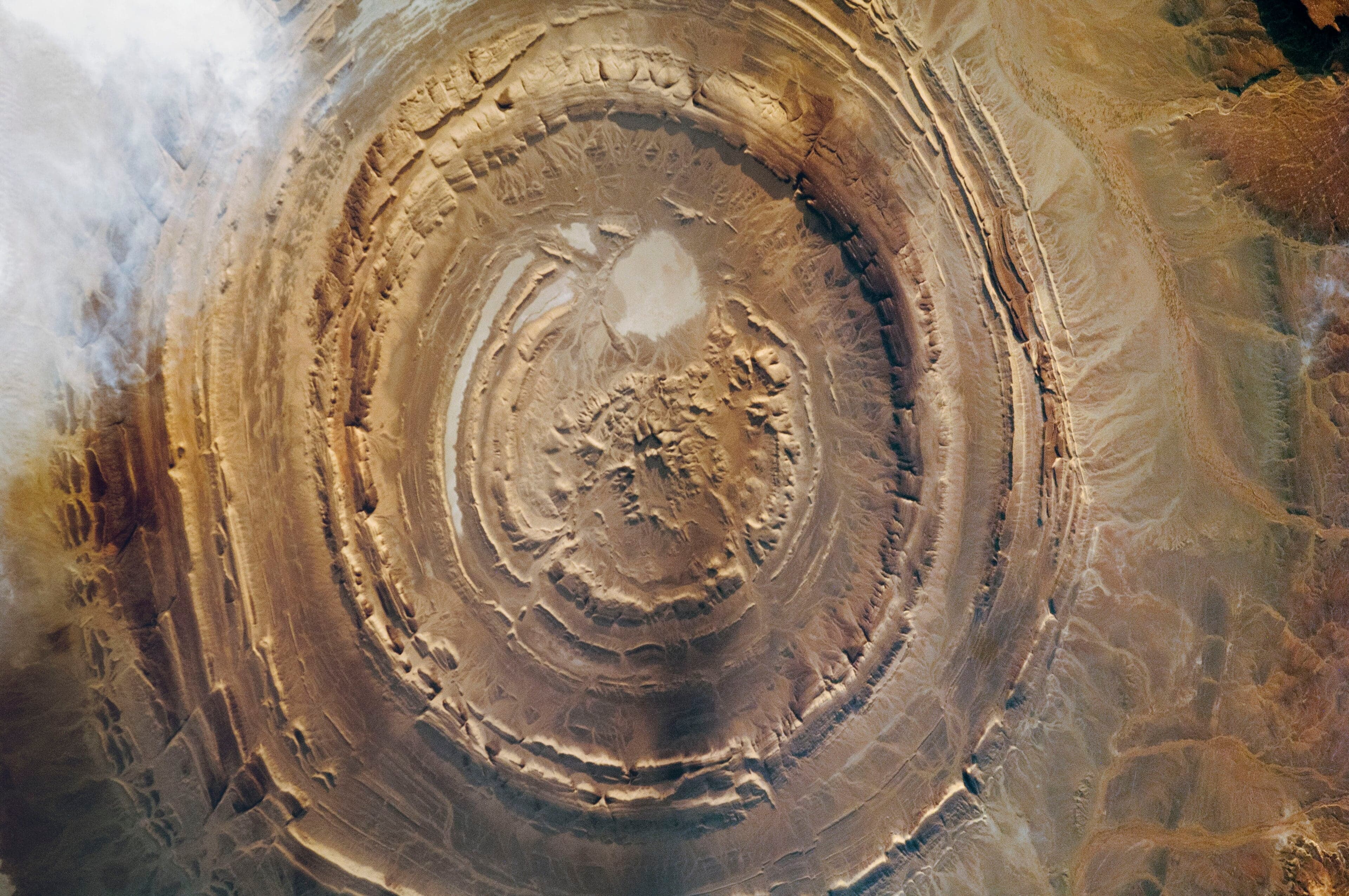 Aerial view of the Richat Structure showing its giant circular rings in the Saharan rock
