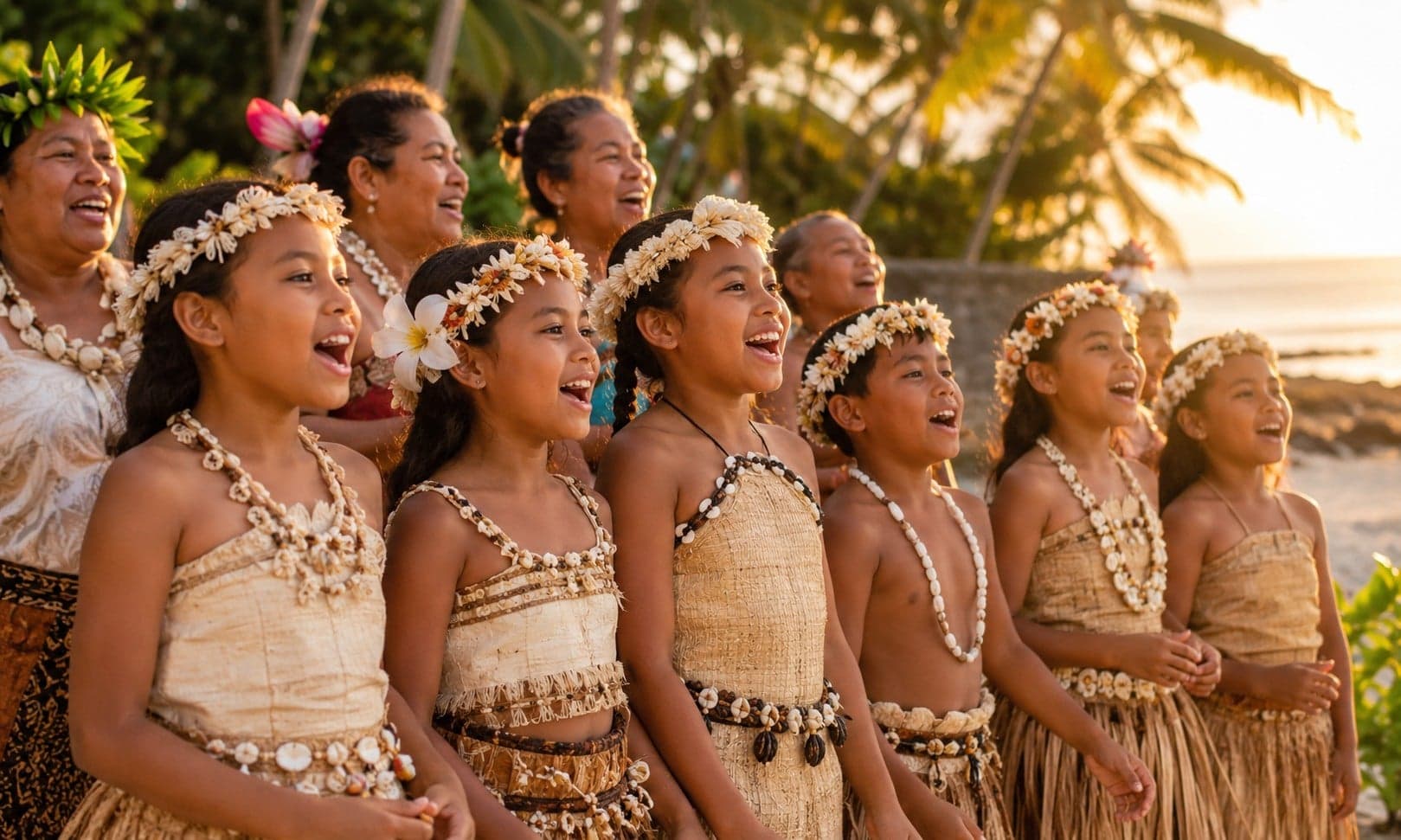 A group of Nauruan community members in traditional dress performing a song together